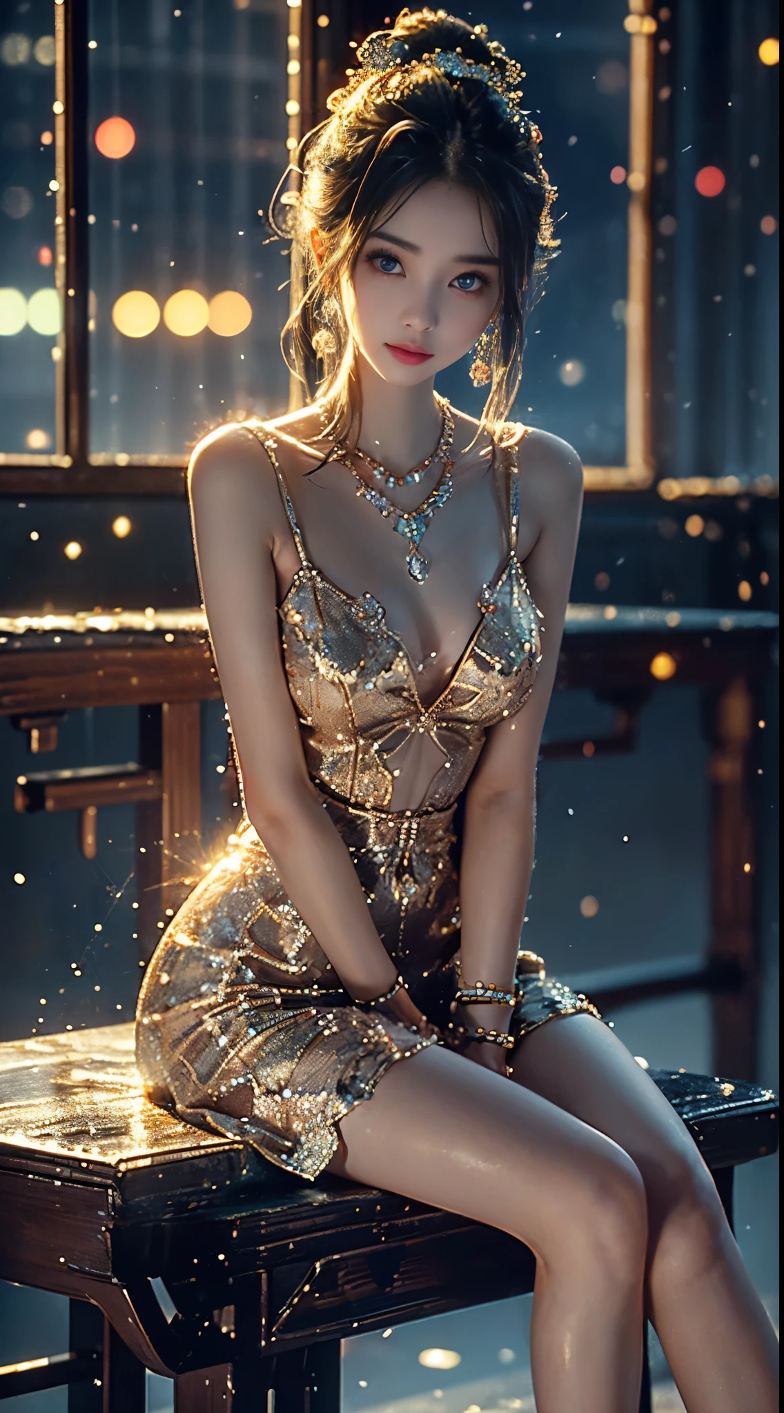 AncheReddressgirl, ((Shot from random angles)), ((sitting position)), ((in the classroom, sitting on the podium)), (Yushuxin,1 girl,alone), clear face, pretty face, 8k, masterpiece, original photo, best quality, detail:1.2,lifelike, detail, Very detailed, CG, Unite, wallpaper, depth of field, movie light, lens flare, Ray tracing, (extremely beautiful face, beautiful lips, beautiful eyes), complex, detail的脸, ((ultra detailed skin)), 1 girl, in the darkness, deep shadow, beautiful girl, pop idol,(Very slim figure:1.3), plump breasts, big breasts, Slender sexy legs, very nice legs, elegant posture, (bright smile), (City night, (neon lights), (night), beautiful girl, white diamond earrings, diameter bracelet, Dia Necklace, clear eyes, (big eyes)