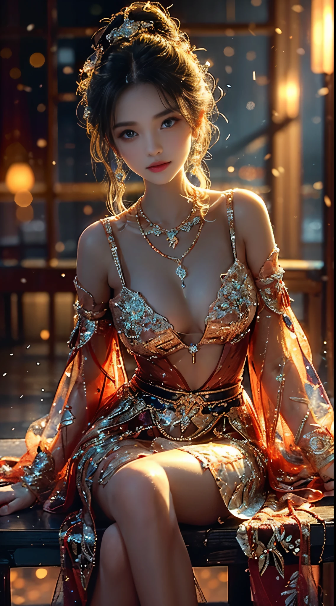 AncheReddressgirl, ((Shot from random angles)), ((sitting position)), ((in the classroom, sitting on the podium)), (Yushuxin,1 girl,alone), clear face, pretty face, 8k, masterpiece, original photo, best quality, detail:1.2,lifelike, detail, Very detailed, CG, Unite, wallpaper, depth of field, movie light, lens flare, Ray tracing, (extremely beautiful face, beautiful lips, beautiful eyes), complex, detail的脸, ((ultra detailed skin)), 1 girl, in the darkness, deep shadow, beautiful girl, pop idol,(Very slim figure:1.3), plump breasts, big breasts, Slender sexy legs, very nice legs, elegant posture, (bright smile), (City night, (neon lights), (night), beautiful girl, white diamond earrings, diameter bracelet, Dia Necklace, clear eyes, (big eyes)