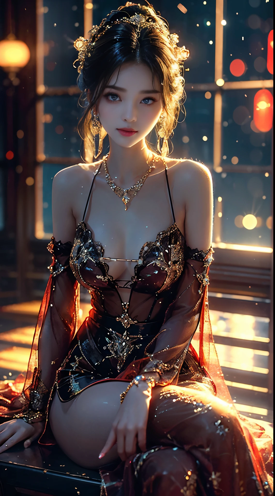 AncheReddressgirl, ((Shot from random angles)), ((sitting position)), ((in the classroom, sitting on the podium)), (Yushuxin,1 girl,alone), clear face, pretty face, 8k, masterpiece, original photo, best quality, detail:1.2,lifelike, detail, Very detailed, CG, Unite, wallpaper, depth of field, movie light, lens flare, Ray tracing, (extremely beautiful face, beautiful lips, beautiful eyes), complex, detail的脸, ((ultra detailed skin)), 1 girl, in the darkness, deep shadow, beautiful girl, pop idol,(Very slim figure:1.3), plump breasts, big breasts, Slender sexy legs, very nice legs, elegant posture, (bright smile), (City night, (neon lights), (night), beautiful girl, white diamond earrings, diameter bracelet, Dia Necklace, clear eyes, (big eyes)