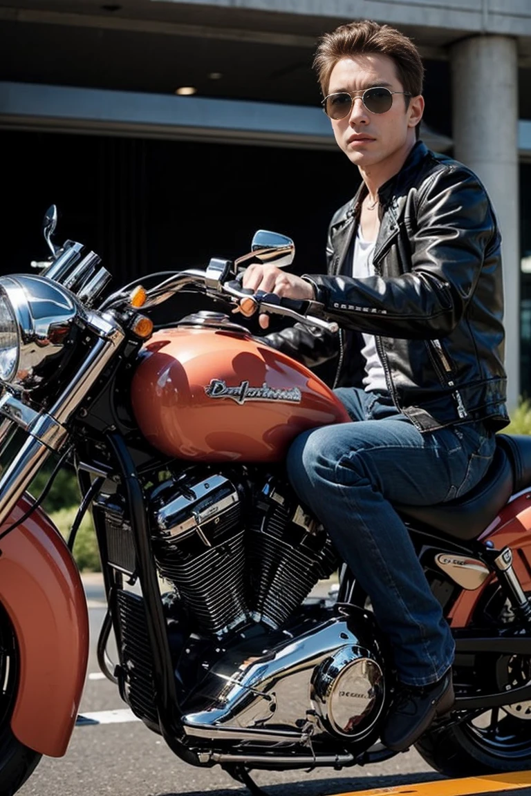 Terminator T800 riding a large Harley-Davidson motorcycle