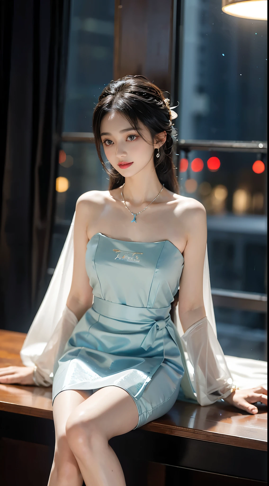 modern hanfu,collarbone, ((Shot from random angles)), ((sitting position)), ((in the classroom, sitting on the podium)), (Yushuxin,1 girl,alone), clear face, pretty face, 8k, masterpiece, original photo, best quality, detail:1.2,lifelike, detail, Very detailed, CG, Unite, wallpaper, depth of field, movie light, lens flare, Ray tracing, (extremely beautiful face, beautiful lips, beautiful eyes), complex, detail的脸, ((ultra detailed skin)), 1 girl, in the darkness, deep shadow, beautiful girl, pop idol,(Very slim figure:1.3), plump breasts, big breasts, Slender sexy legs, very nice legs, elegant posture, (bright smile), (City night, (neon lights), (night), beautiful girl, white diamond earrings, diameter bracelet, Dia Necklace, clear eyes, (big eyes)