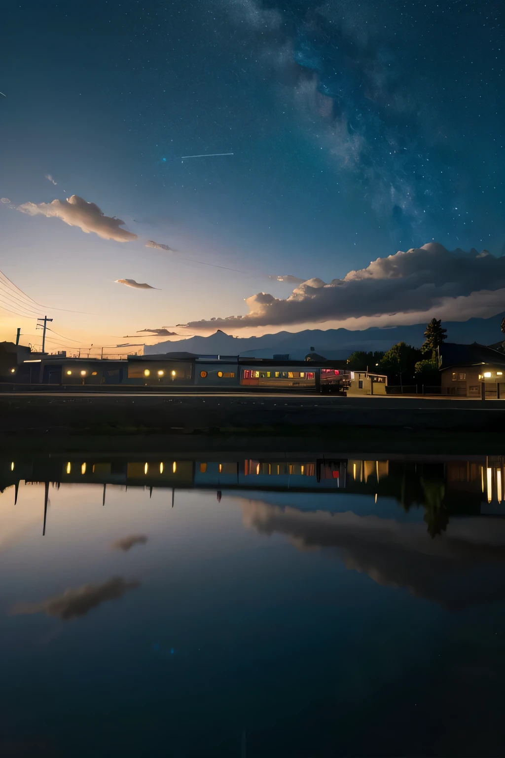 (8k, original photo, best quality, masterpiece: 1.2), (actual, photoactual: 1.37), 高品质masterpiece, landscape, cloud, Cartoon train passing a body of water on distant tracks, bright starry sky. tourists, romantic lighting, pixiv, concept art, reflection. Xin Haicheng, Luo Fei Art,详细landscape