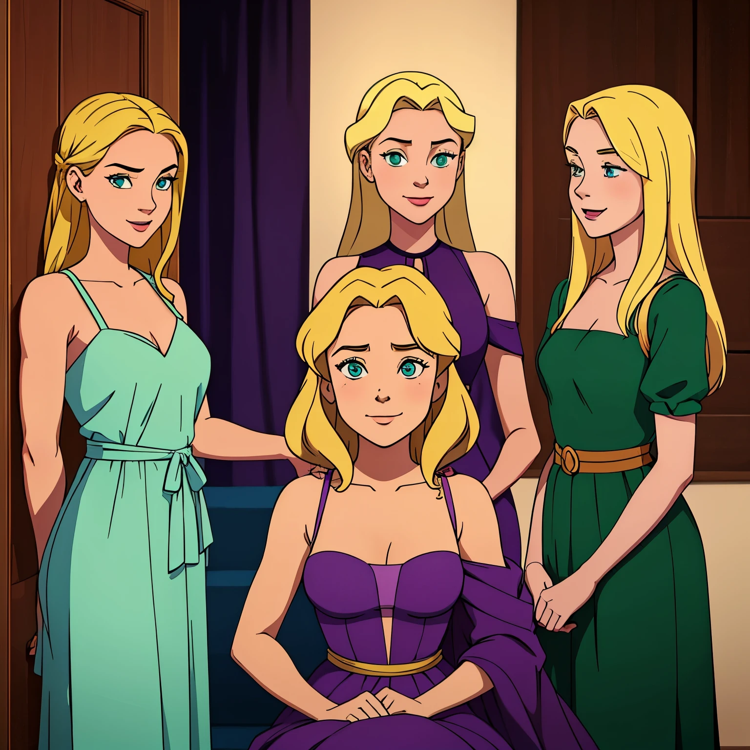 Three girls press their cheeks to each other and smile. The first girl with waist-length brown hair and green eyes. The second has shoulder-length blond hair and green eyes.. The third has blue eyes and shoulder-length blonde hair., with a purple tint. All the girls are dressed in cute dresses. cute. Cartoonish.