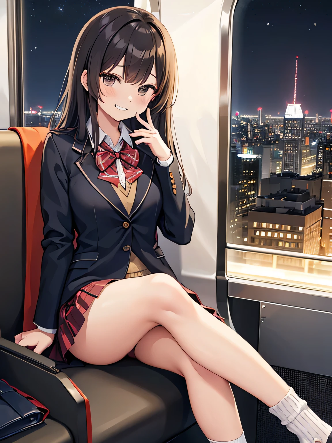 (1) A woman is sitting alone on a long seat on a train. She spread her legs、I am showing my red panties to my boyfriend who is facing me.。. therefore, She is rolling up her skirt herself.
(2) She is a high school girl, She is wearing a uniform consisting of a miniskirt, blazer, and loose socks..
(3) she has medium length brown hair.
(4) Her expression is provocative and grinning.
(5) Location: Yamanote Line long seat at night. There are no other customers. The view outside the window is the night view of the city.