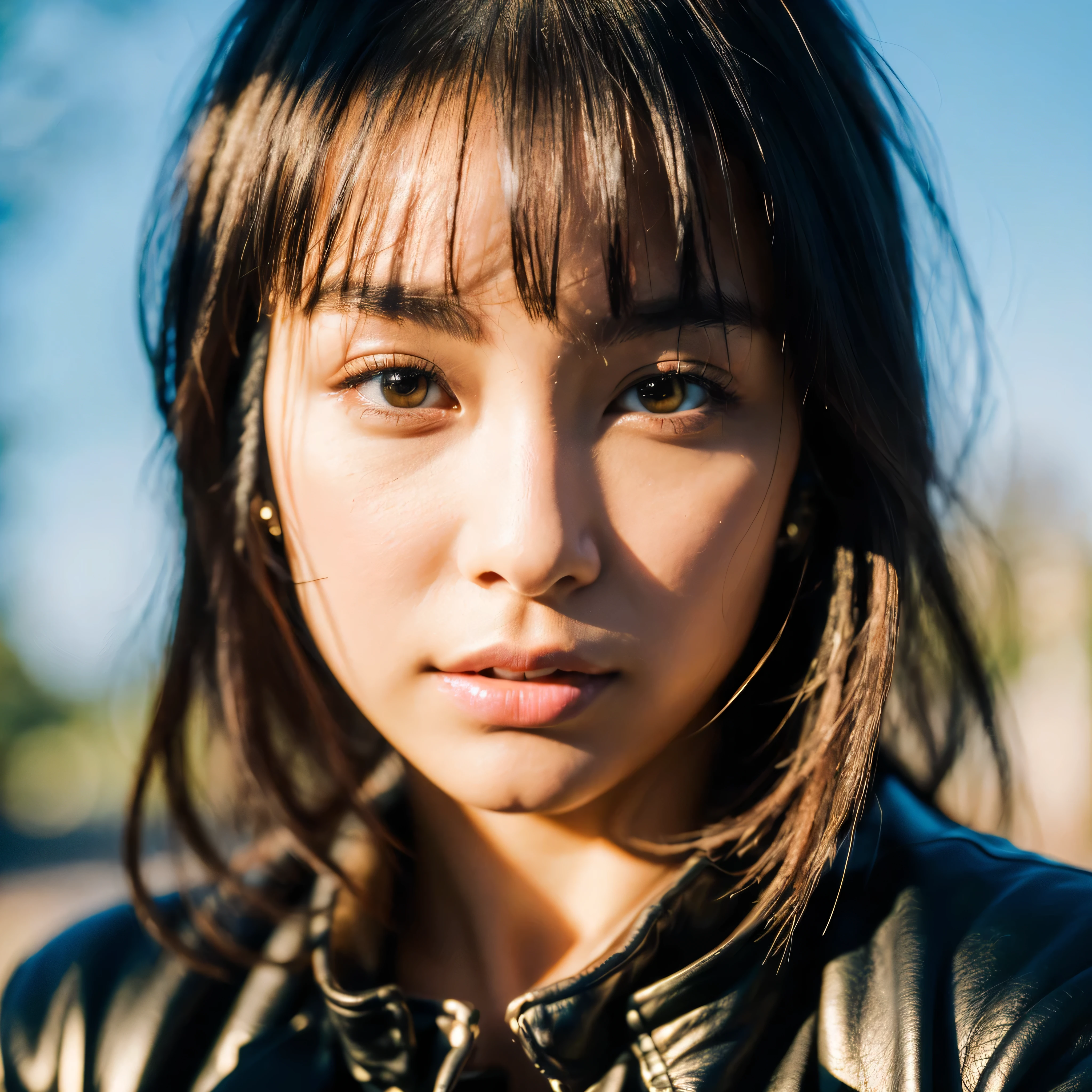 (Best Quality, Masterpiece, Ultra High Definition, High resolution, highly detailed, High Definition Face:1.5), (20-year-old woman:1.3), (full body photo:1.3), 1 beautiful woman, (Japanese Mixed Race Beautiful woman:1.5), (beautiful woman wearing Beautiful woman wearing a leather jacket, Black leather:1.2), (beautiful eyes, light in the eyes), white skin, Glossy, shiny skin, very Fair skin, (film photography style, photo with strong shadows, evening light:1.2), Poker face, violently fluttering hair, random hair styles, random hair color,