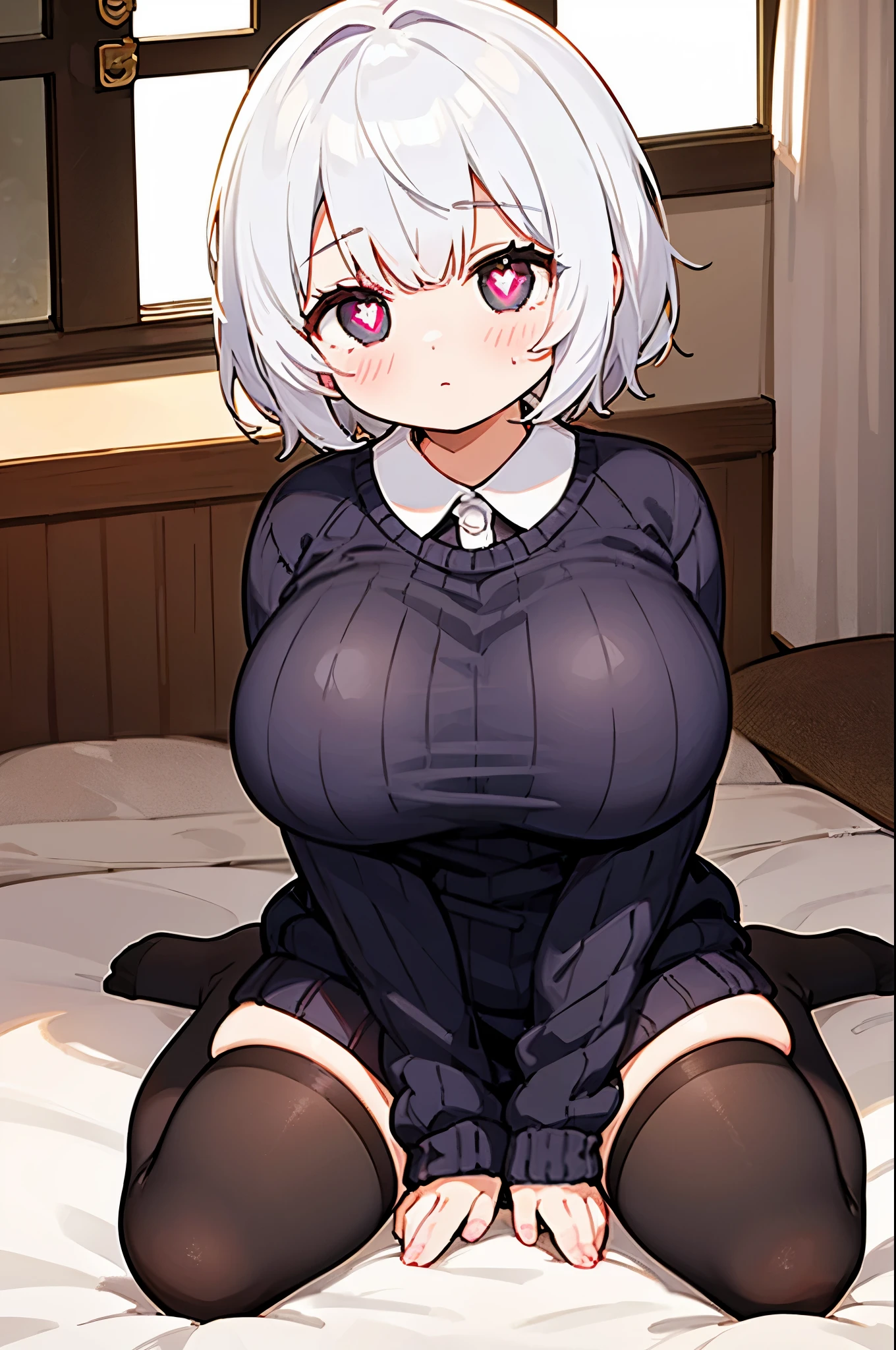 loli, huge breasts, heart-shaped pupils, blush, short hair, white hair, sweater, stockings