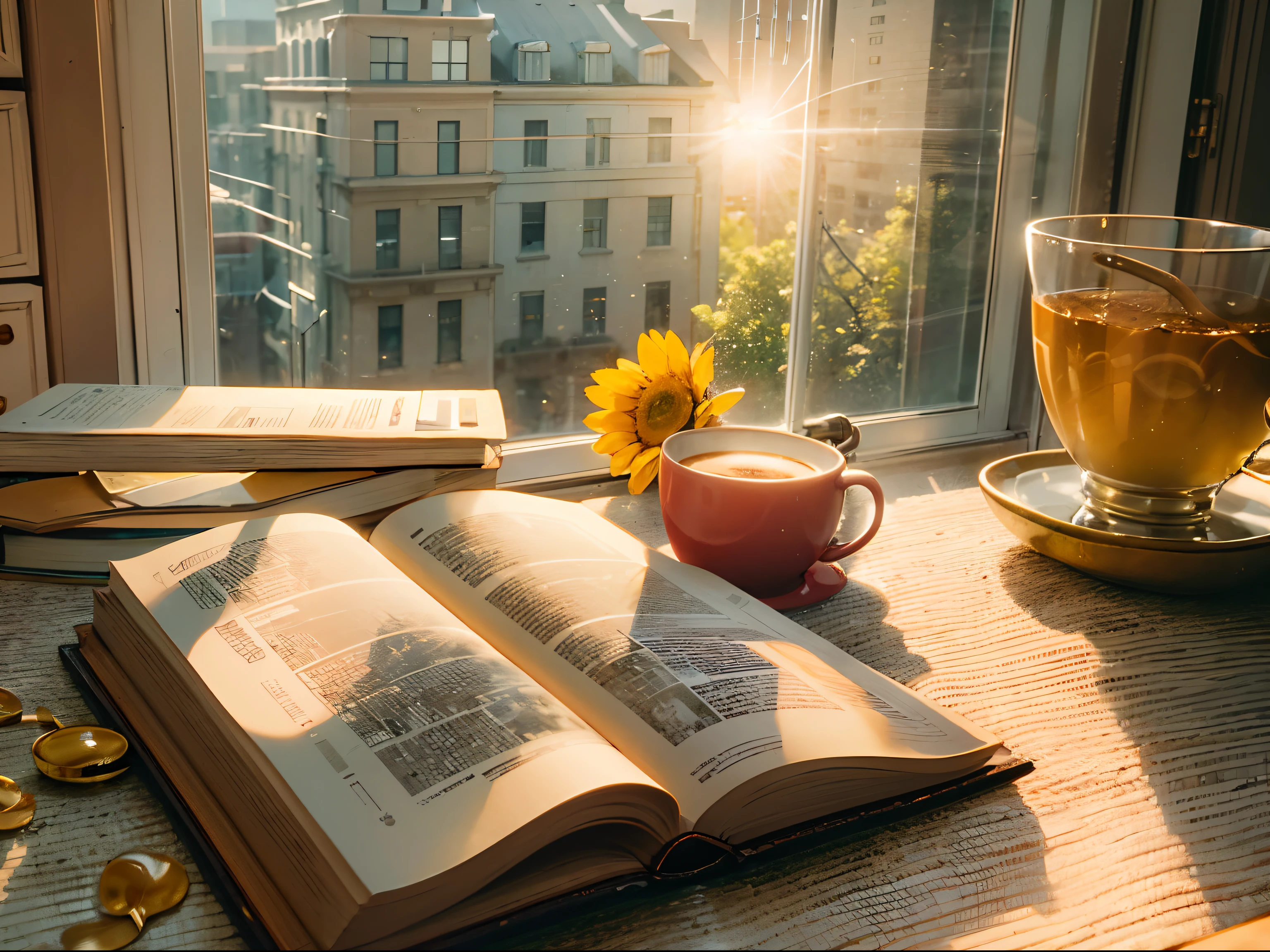 Peaceful morning in the city,The desk is located by the window,An open book is placed in the middle of the table,Next to the book is a cup of hot coffee,The sun shines on the book,You can see the rising sun through the window,Golden yellow tones,Very detailed,Perfect stills,high-definition photograph,8K