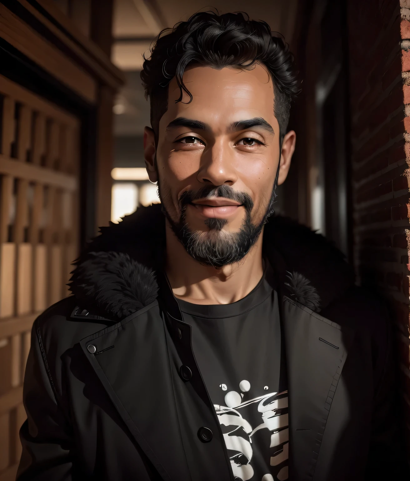 smiling mixed race man, pele castanha lisa, medium black hair, barba preta e branca cheia, uma jaqueta preta em um fundo escuro