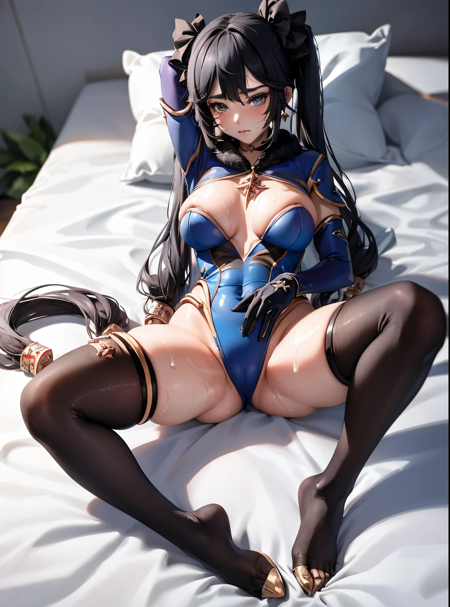 UHD,textured skin, high details, anatomically correct,SOLO,(1 Female,big oppai),(brown hair)(twintails:1.7),(Wearing A see-though One-piece stockings:1.4),(Wearing blue long gloves:1.7),(Spreading legs:1.7),(Lying on the Lux bed:1.7),(The royal classic room:1.7),(hands behind her head:1.7),(sweating skin:1.7),(full blush:1.4)
