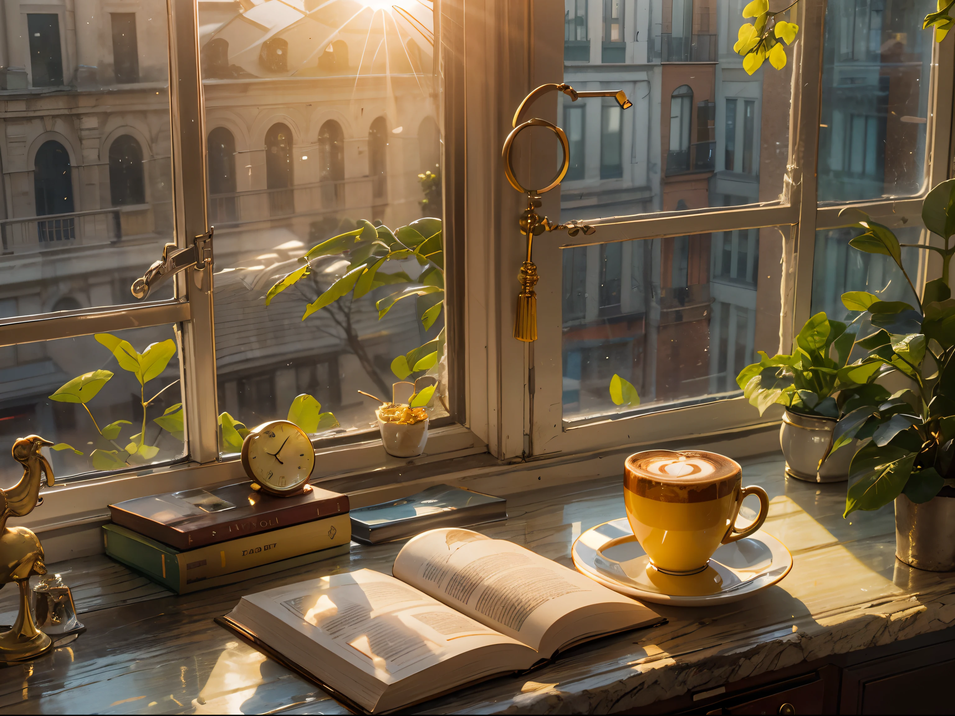 Quiet morning in the city，The desk sits by the window，An open book is placed in the middle of the desk，Next to the book is a cappuccino，The sun shines on the book，You can see the rising sun through the window，Golden yellow tones，Very detailed，Perfect stills，high-definition photograph，8K