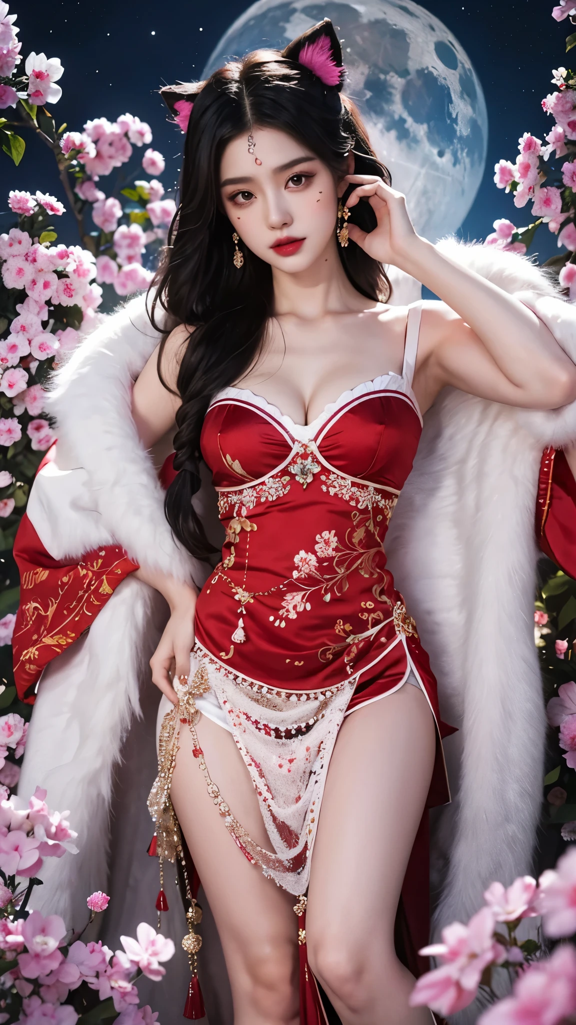 Ahri_Cosplay,White Tails, Black long hair, yellow eyes, ((knee shot)), red lips, a mature woman, Exquisite makeup, national style, lifelike、real picture、((realistically:1.5))、White phalaenopsis around hair，Lilac dendrobium、White Lily、1 girl、brown hair、flowing hair、plump breasts, slim body, Slender sexy legs, Charming legs, strike an elegant pose, Have extremely beautiful facial features、hairpins on head、perfect hands、(night、moon、cliff)、 vector art、Chinese contemporary art、soft light、look down