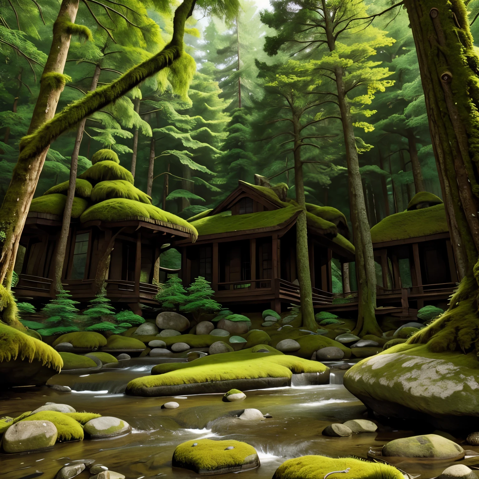 Dense forest with moss-covered rocks