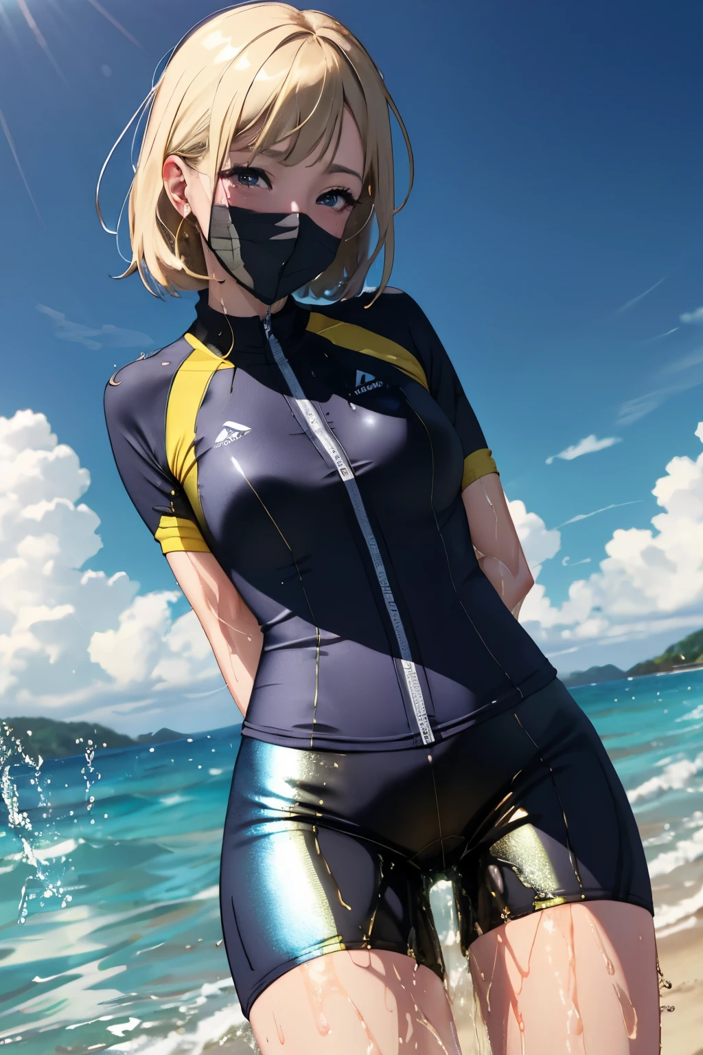 best quality, high quality, highres, beautiful women, tanned gyaru, blonde hair, high detail, good lighting, lewd, hentai, (((shiny wet spandex short-sleeved cycling suit))), ((wet clothes)), ((soaking wet)), ((wetlook)), bare thighs, nice legs, (((wetting herself))), (((peeing herself))), (((peeing self))), pee streaming down legs, peeing stain, (puddle), (thick thighs), nice long legs, lipstick, detailed face, pretty face, seductive face, aroused, sexually excited, ((in the ocean at public beach))