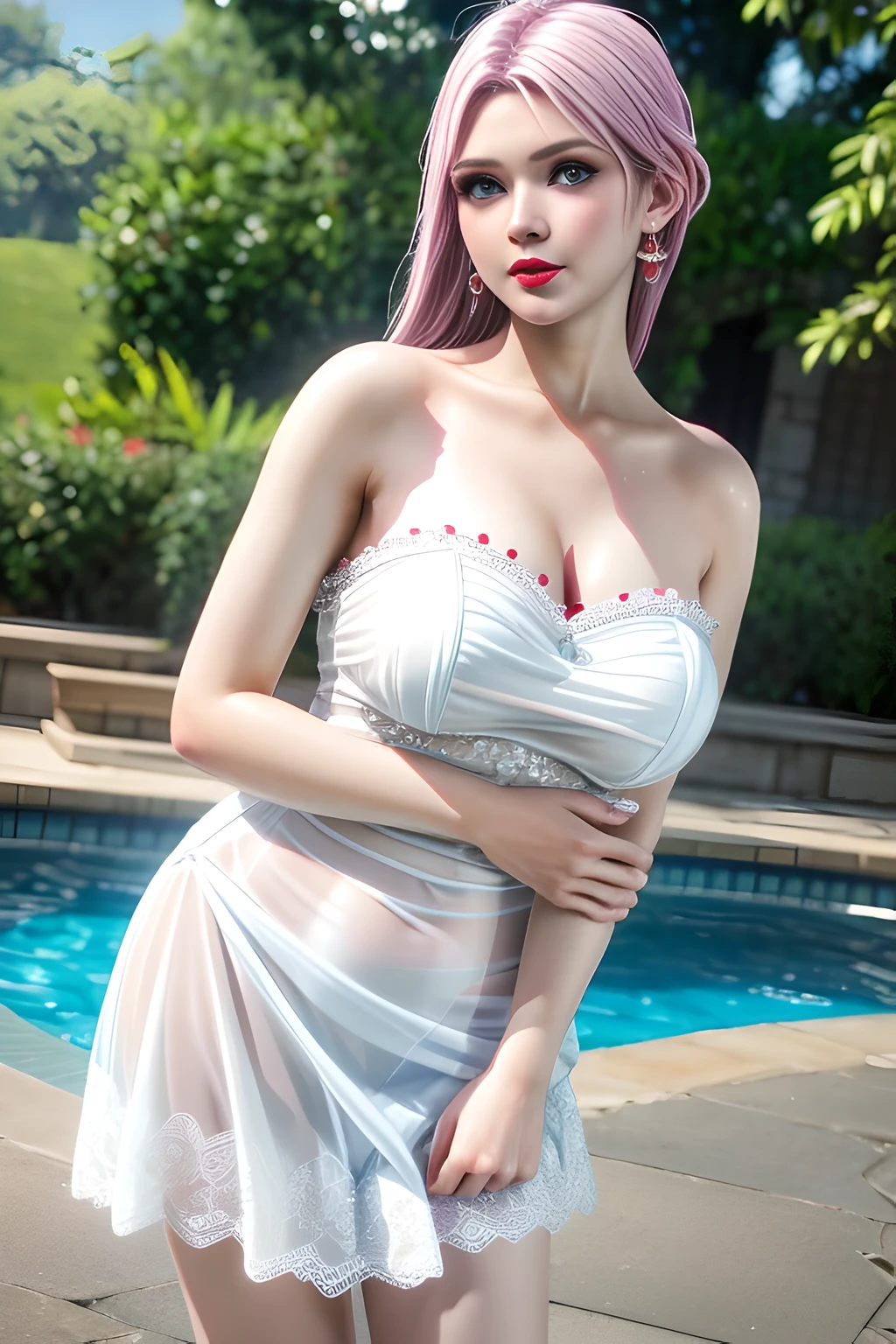 1 girl,Alice,(pajamas),(White strapless dress:1.4),Outdoor activities,  (standing posture),grace,(((red lips))), Lips slightly open,  clavicle,Lactation,(huge breasts),skin shiny,((8k, original photo, top quality, masterpiece), HD RAW color photos professional close-up photos, (actual, photorealism: 1.37), (best quality),8k,Fabric luster,alone,