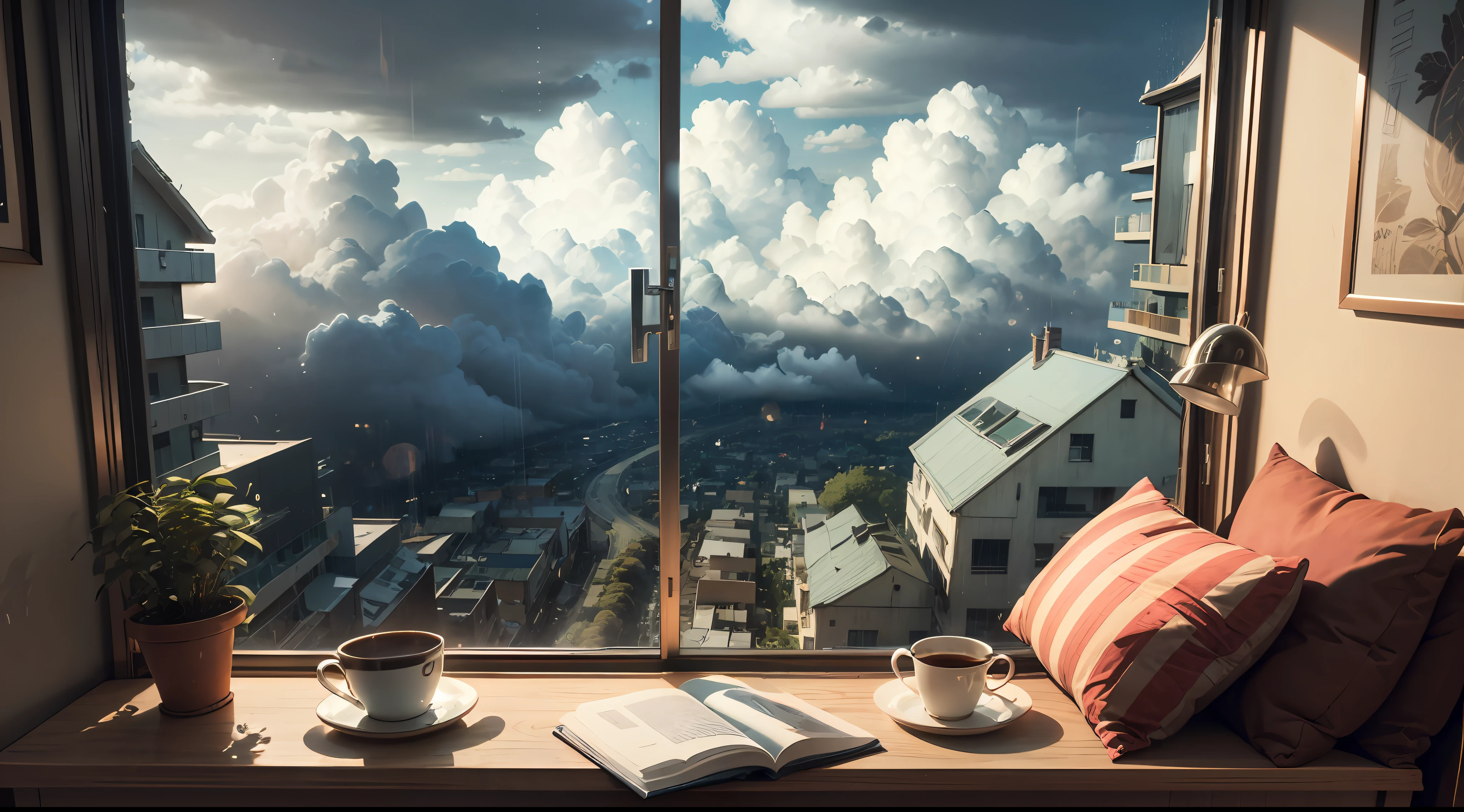 Single bedroom,It was cloudy outside the window,It was raining heavily --auto