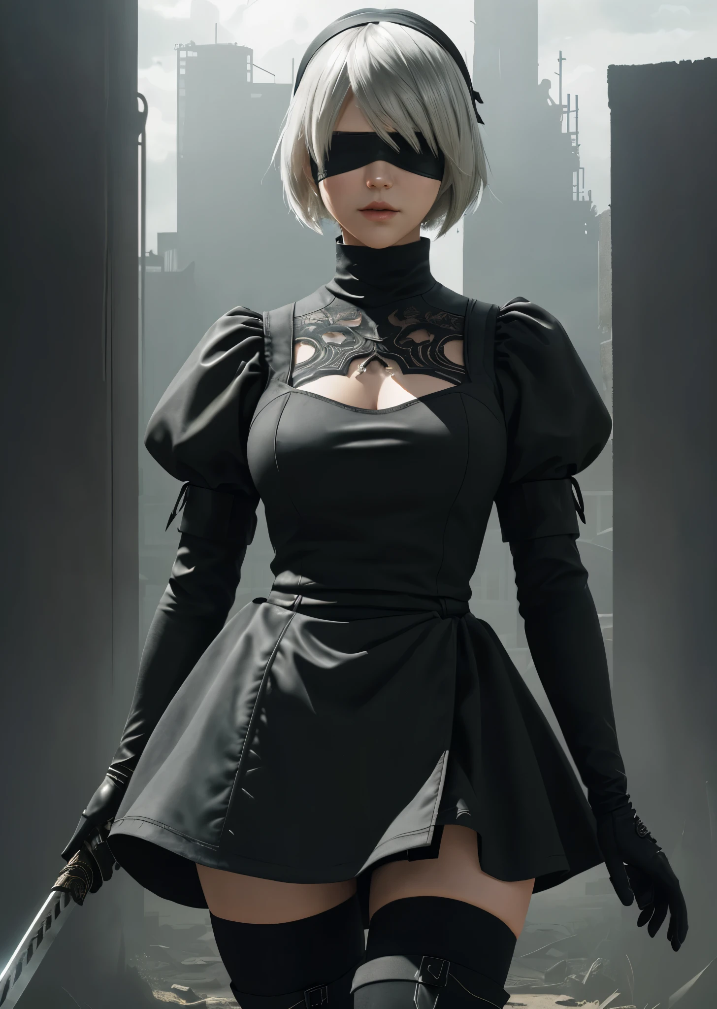 [n_2b], [nier automata], ((masterpiece)), ((HD)), ((high res)), ((sharp focus)), ((solo portrait)), ((waist-up)), ((semi-realistic)), ((detailed shading)), ((cinematic lighting)), ((intricate details)), {(beautiful woman), (slender figure), (round facial features), short white hair, small boobies, (curvy hips), (beautiful legs), (beautiful lips), (expressionless)}, {(short black dress), (black blindfold), (black hairband), (black knee-high boots), (opaque black thigh-high socks), {(standing), (holding katana), (looking ahead)}, [Background; (apocalyptic city ruins), (grey sky), (sun rays), (sun rays)]