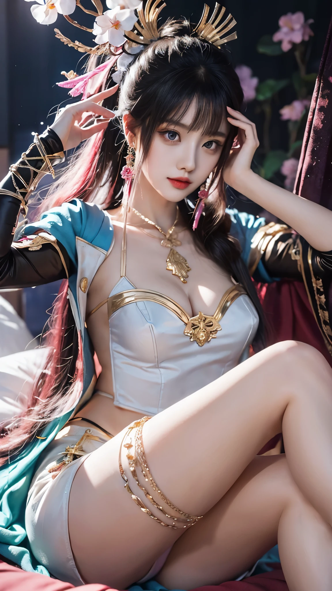 ayaka,genshin impact,kamisato ayaka, ((knee shot)), red lips, a mature woman, Exquisite makeup, national style, lifelike、real picture、((realistically:1.5))、White phalaenopsis around hair,Lilac dendrobium、White Lily、1 girl、brown hair、flowing hair、plump breasts, slim body, Slender sexy legs, Charming legs, strike an elegant pose, Have extremely beautiful facial features、hairpins on head、perfect hands、(night、moon、cliff)、 vector art、Chinese contemporary art、soft light、look down