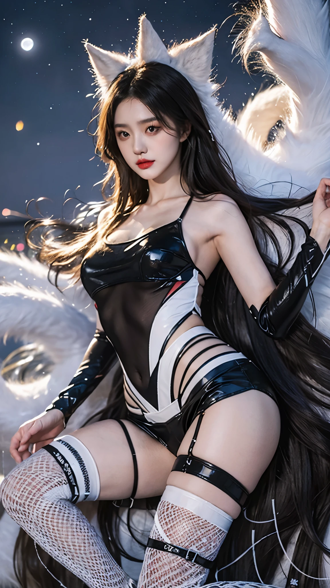 shinano cosplay costume, cosplay, thighhighs, high heels, see-through, ((knee shot)), red lips, a mature woman, Exquisite makeup, national style, lifelike、real picture、((realistically:1.5))、White phalaenopsis around hair,Lilac dendrobium、White Lily、1 girl、brown hair、flowing hair、plump breasts, slim body, Slender sexy legs, Charming legs, strike an elegant pose, Have extremely beautiful facial features、hairpins on head、perfect hands、(night、moon、cliff)、 vector art、Chinese contemporary art、soft light、look down