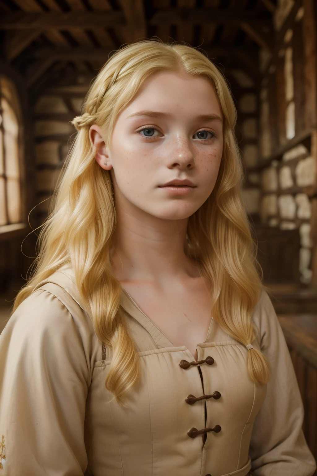 England, 1327. A young ((((18-year-old)) Gwenda)), strong, rustic, freckles all over her face, lord audience room, ((furious expression)). ((((clothings from the 1300s)))), ((blond hairstyle of the 1300s))