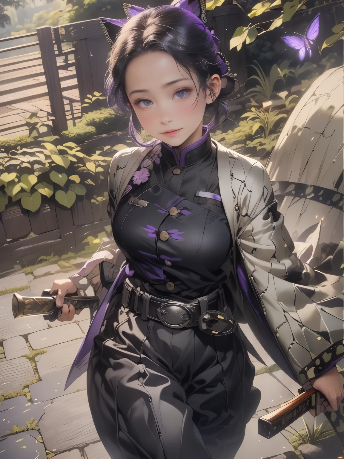 Hyper-realistic 8K CG,masterpiece,((Super detailed background, Exquisite pattern, intricate details)),best quality,very detailed Face,extremely detailed eyes and Face,extremely detailed eyes,Section Chief Ren,colorful hair,no bangs,hair intake,purple eyes,forehead,black shirt,Black pants,Haori,Butterfly,buttons,belt,(garden:1.2),purple flower,chibi,cloudy Sky,Sunlight,Tyndall effect,slope_Sky,Face,Gorgeous Sky,waist knife,Charming gesture, Hyper-realistic 8K CG, masterpiece, close up, (weapons in hand: 1.2), (attack: 1.2), beauty, goddess, from the front, Face sticking out, (Super detailed background, Exquisite pattern, intricate details)), high quality, highly detailed Face, highly detailed eyes and Face, highly detailed eyes, Fluttershy Ninja, colorful hair, no bangs, hair intake, purple eyes, forehead, black shirt, Black pants, (Haori, Butterfly: 1.3, button, belt), (garden: 1.2), purple flower, chibi, cloudy Sky, Sunlight, Tyndall effect, slope_Sky, Face, gorgeous Sky, Waist saber,