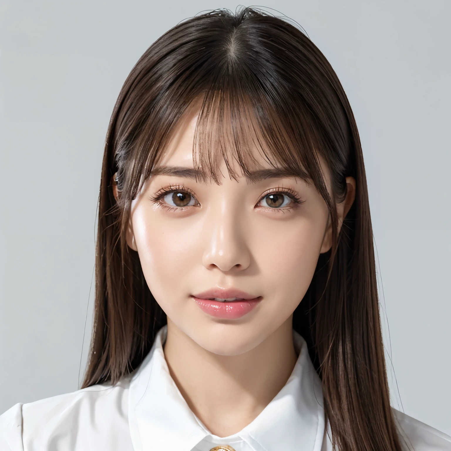 (highest quality、table top、8k、best image quality、Award-winning work)、one cute high school girl、(solo:1.1)、straight medium hair、perfect bangs、(Perfect short sleeve collared polyester shirt:1.1)、(Polyester shirt with pointed collar:1.1)、(The simplest pure white background:1.3)、(Perfectly fixed to the front:1.1)、close up of face、(very big breasts:1.2)、(emphasize body line:1.2)、close up of face、(Perfect frontal and horizontal portrait of a woman with adequate white space:1.2)、(Depicting a woman perfectly horizontally and frontally:1.2)、beautiful and detailed eyes、look at me and smile、(Upright photo from the chest up:1.2)、(Please turn and look straight at me:1.2)、perfect makeup、Ultra high definition beauty face、ultra high definition hair、Super high-definition sparkling eyes、Super high resolution glossy lips、accurate anatomy、very beautiful skin、(Super high-definition sparkling pure white skin:1.1)、Graceful upright posture seen from the front、(very bright:1.2)