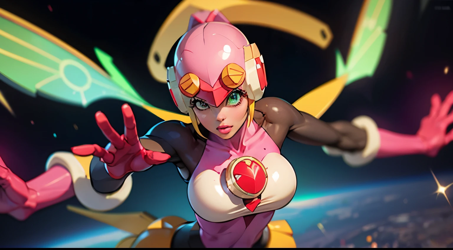 1 supersexy girl wear a roll.exe bodysuit, mechanical wings, Space War Background, pink Aura Body, pink helmet, yellow antenna on head, Supernove Power, Light blonde Hair, large ponytail, Red Eye, Perfect Body, Sexy, neon glow, hovering, very detailed, Fighting stance, mecha musume, detailed eyes, detailed face