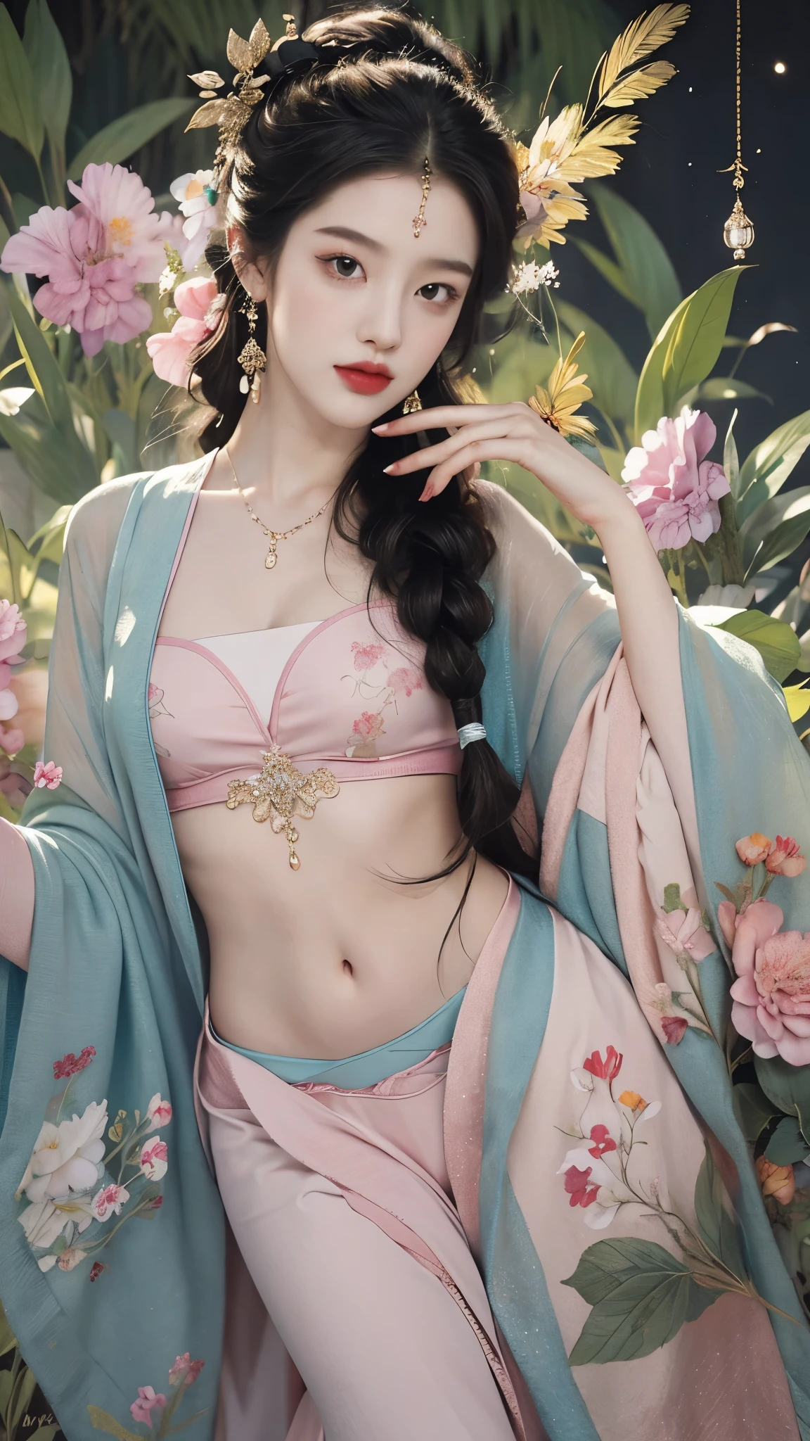 ((knee shot)), red lips, a mature woman, Exquisite makeup, national style, lifelike、real picture、((realistically:1.5))、White phalaenopsis around hair，Lilac dendrobium、White Lily、1 girl、brown hair、flowing hair、plump breasts, slim body, Slender sexy legs, Charming legs, strike an elegant pose, Have extremely beautiful facial features、hairpins on head、perfect hands、(night、moon、cliff)、 vector art、Chinese contemporary art、soft light、look down