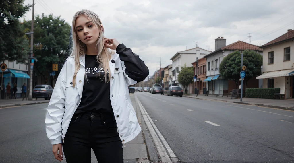 White Jacket. Beatiful girl. Blue blonde hair. Black shirt. Black jeans pants.