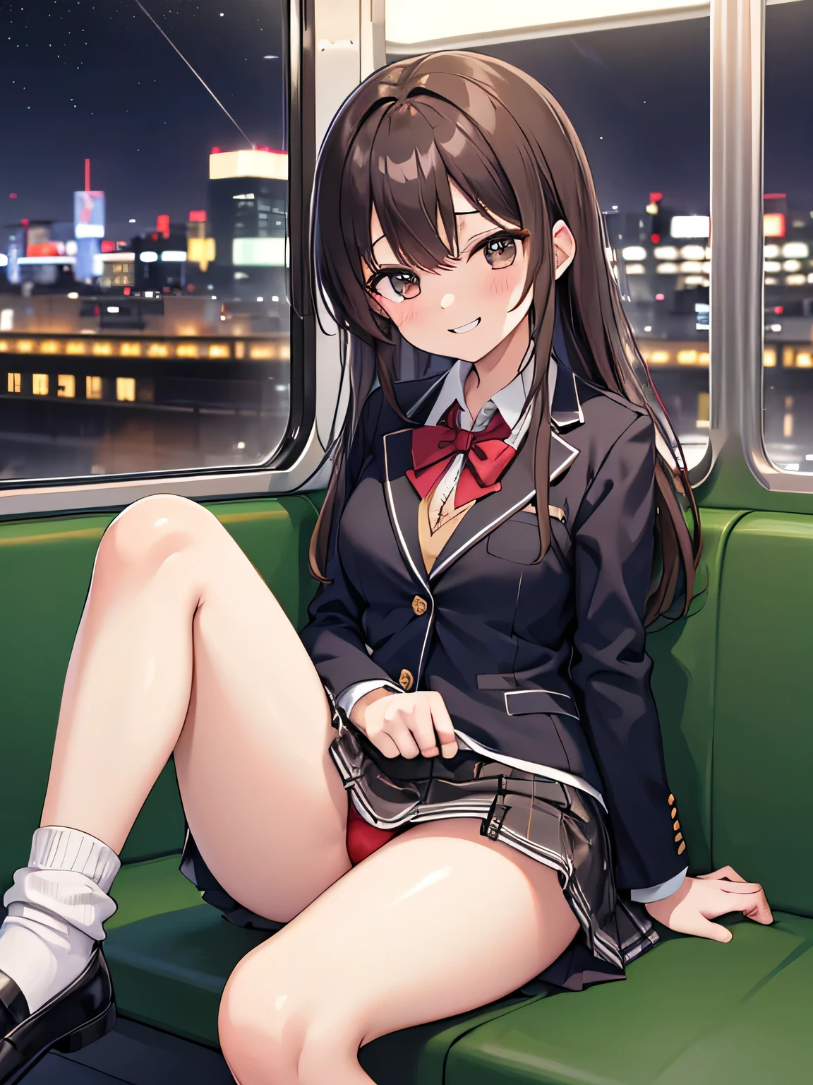 (1) A woman is sitting alone on a long seat on a train. She spread her legs、I am showing my red panties to my boyfriend who is facing me.。. therefore, She is rolling up her skirt herself.
(2) She is a high school girl, She is wearing a uniform consisting of a miniskirt, blazer, and loose socks..
(3) she has medium length brown hair.
(4) Her expression is provocative and grinning.
(5) Location: Yamanote Line long seat at night. There are no other customers. The view outside the window is the night view of the city.