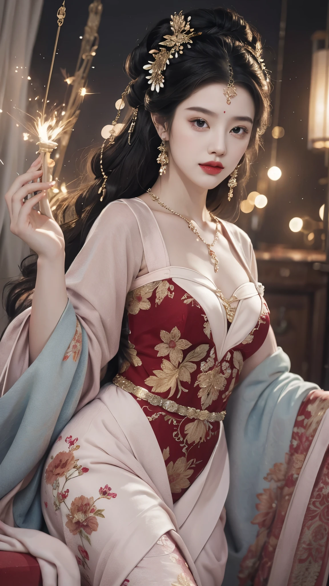 ((knee shot)), red lips, a mature woman, Exquisite makeup, national style, lifelike、real picture、((realistically:1.5))、White phalaenopsis around hair,Lilac dendrobium、White Lily、1 girl、brown hair、flowing hair、plump breasts, slim body, Slender sexy legs, Charming legs, strike an elegant pose, Have extremely beautiful facial features、hairpins on head、perfect hands、(night、moon、cliff)、 vector art、Chinese contemporary art、soft light、look down