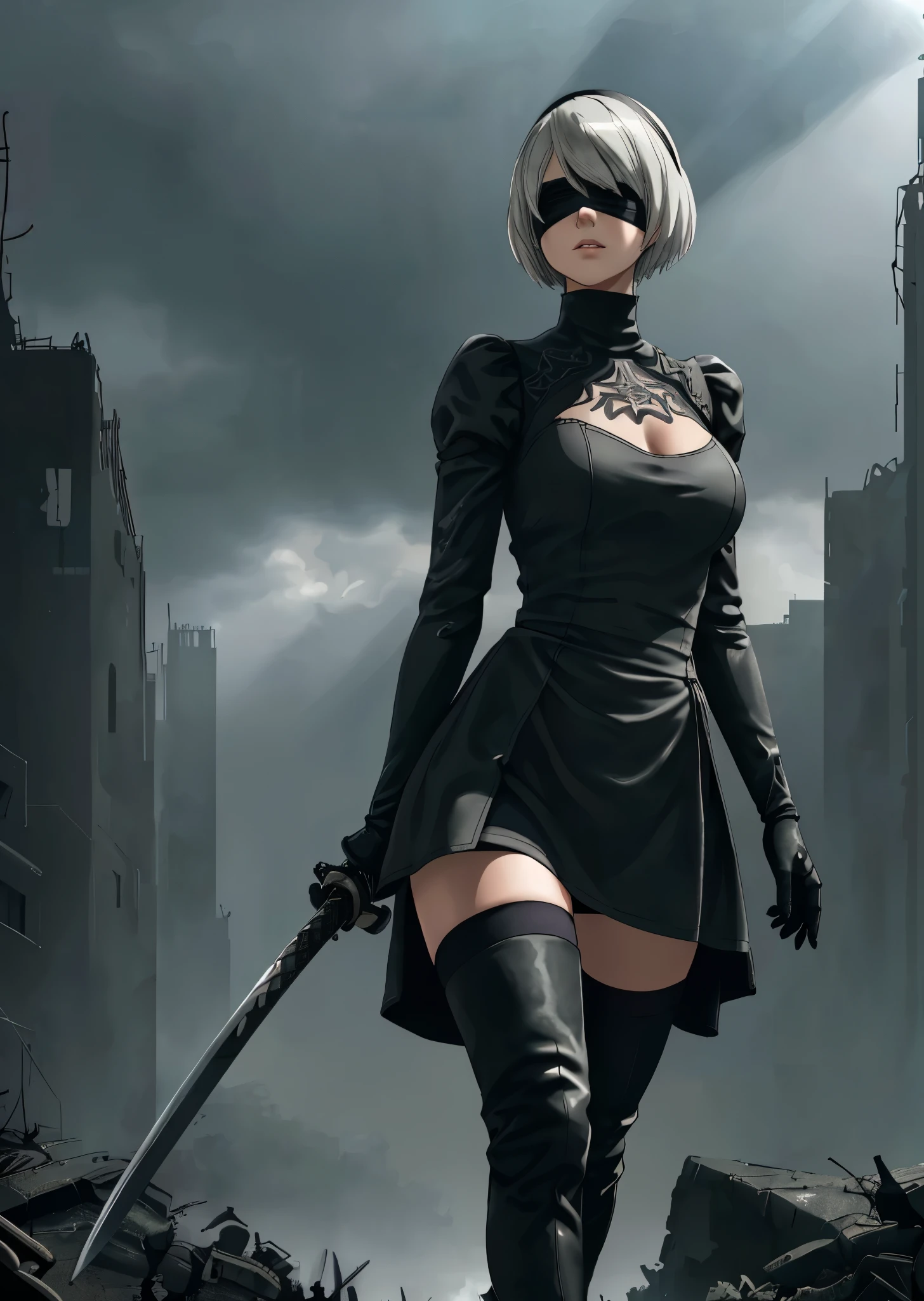 [n_2b], [nier automata], ((masterpiece)), ((HD)), ((high res)), ((sharp focus)), ((solo portrait)), ((waist-up)), ((semi-realistic)), ((detailed shading)), ((cinematic lighting)), ((intricate details)), {(beautiful woman), (slender figure), (round facial features), short white hair, small boobies, (curvy hips), (beautiful legs), (beautiful lips), (expressionless)}, {(short black dress), (black blindfold), (black hairband), (black knee-high boots), (opaque black thigh-high socks), {(standing), (holding katana), (looking ahead)}, [Background; (apocalyptic city ruins), (grey sky), (sun rays), (sun rays)]