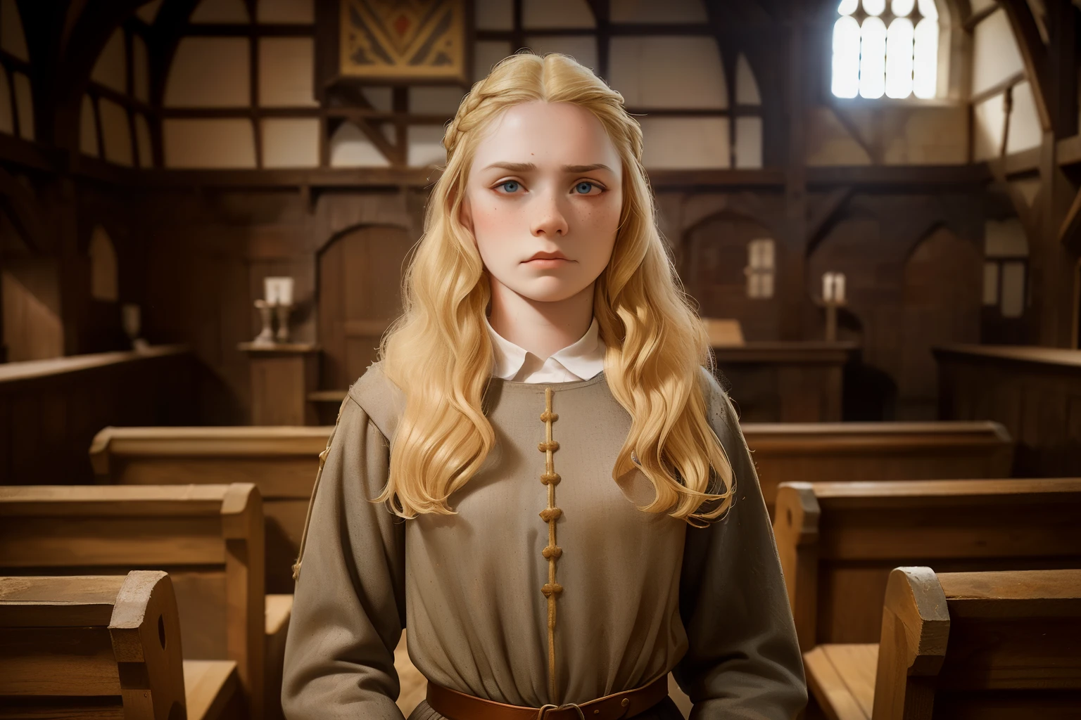 England, 1327. A young ((((18-year-old)) Gwenda)), strong, rustic, freckles all over her face, standing in the lord audience room, ((furious expression)). ((((clothings from the 1300s)))), ((blond hairstyle of the 1300s))