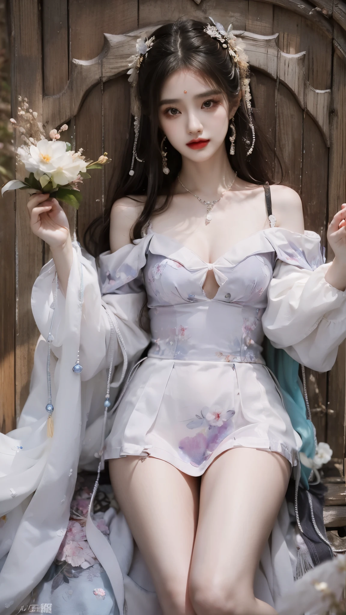 dating attire, ((knee shot)), ((off shoulder clothes)), red lips, a mature woman, Exquisite makeup, national style, lifelike、real picture、((realistically:1.5))、White phalaenopsis around hair，Lilac dendrobium、White Lily、1 girl、brown hair、flowing hair、plump breasts, slim body, Slender sexy legs, Charming legs, strike an elegant pose, Have extremely beautiful facial features、hairpins on head、perfect hands、(night、moon、cliff)、 vector art、Chinese contemporary art、soft light、look down