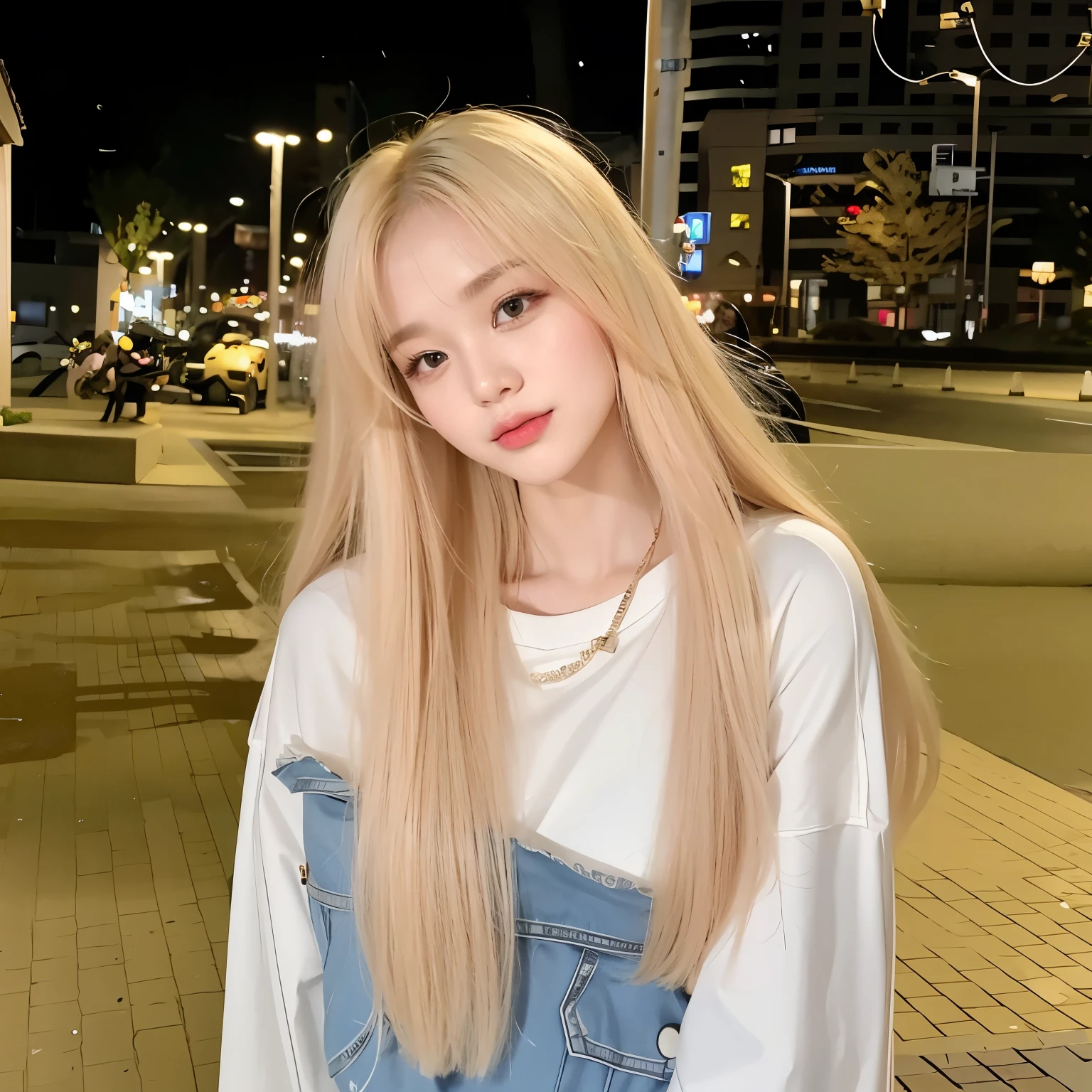 blond haired girl long hair standing on sidewalk at night, 金色long hair和刘海, with golden hair, with blond hair, Urzan, 齐刘海long hair, long hair, long blond hair, 齐刘海long hair, 飘逸飘逸的long hair, Girl wearing white T-shirt and denim top，Long straight blonde hair