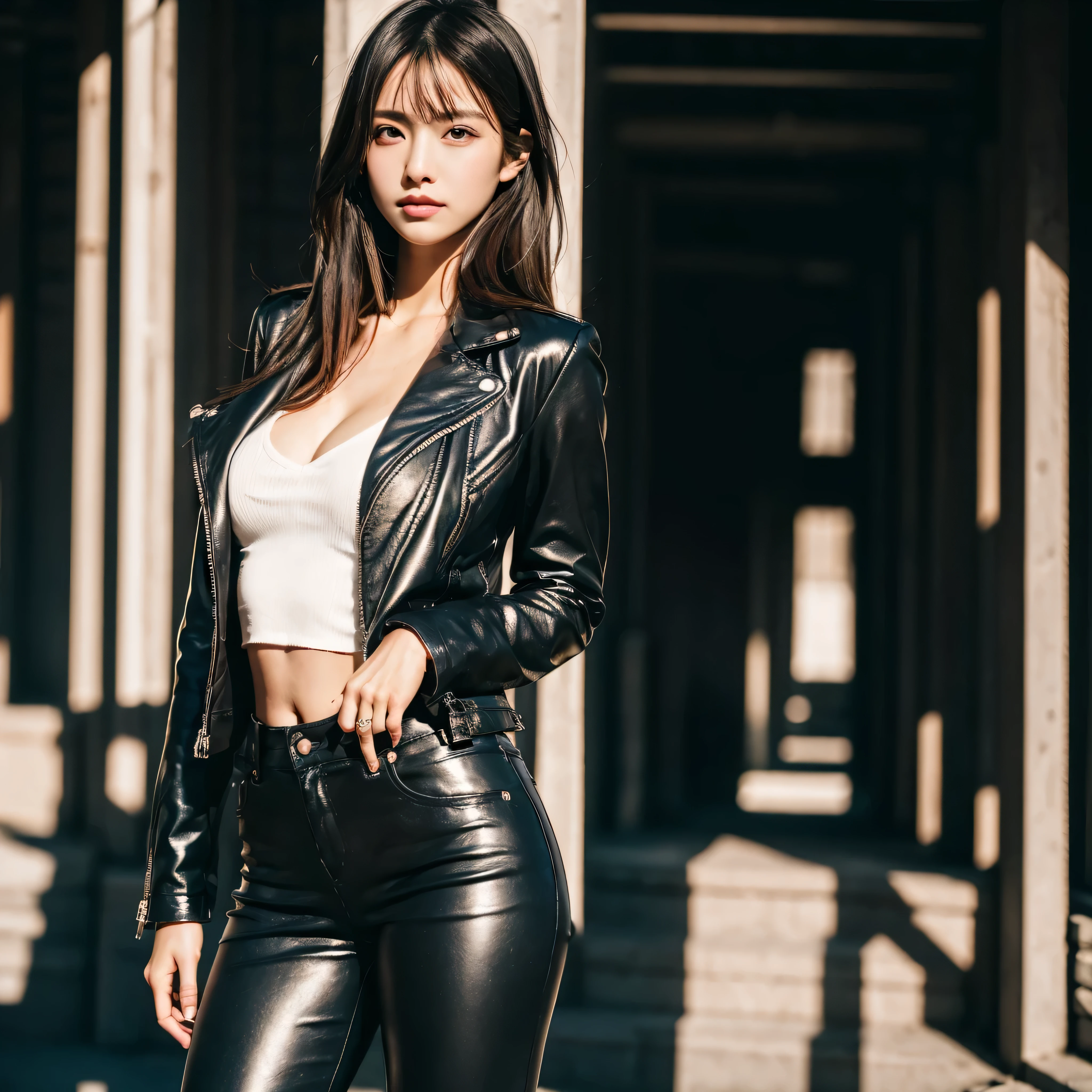 (Best Quality, Masterpiece, Ultra High Definition, High resolution, highly detailed, High Definition Face:1.5), (20-year-old woman:1.3), (full body photo:1.3), 1 beautiful woman, (Japanese Mixed Race Beautiful woman:1.5), (beautiful woman wearing Beautiful woman wearing a leather jacket, Black leather:1.3), (beautiful eyes, light in the eyes), white skin, Glossy, shiny skin, very Fair skin, (film photography style, photo with strong shadows, evening light:1.2), Poker face, violently fluttering hair, random hair styles, random hair color, Slim Big Breasts, 