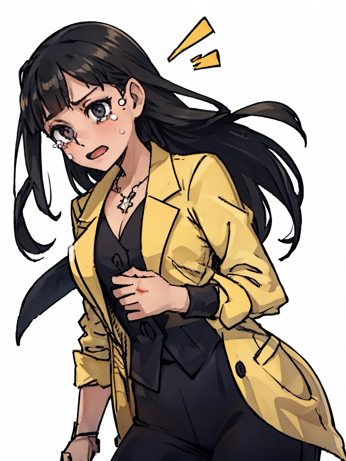 ((a woman)),front,Half body,long black hair,yellow suit,Fear,tears,Different world,middle Ages,White background