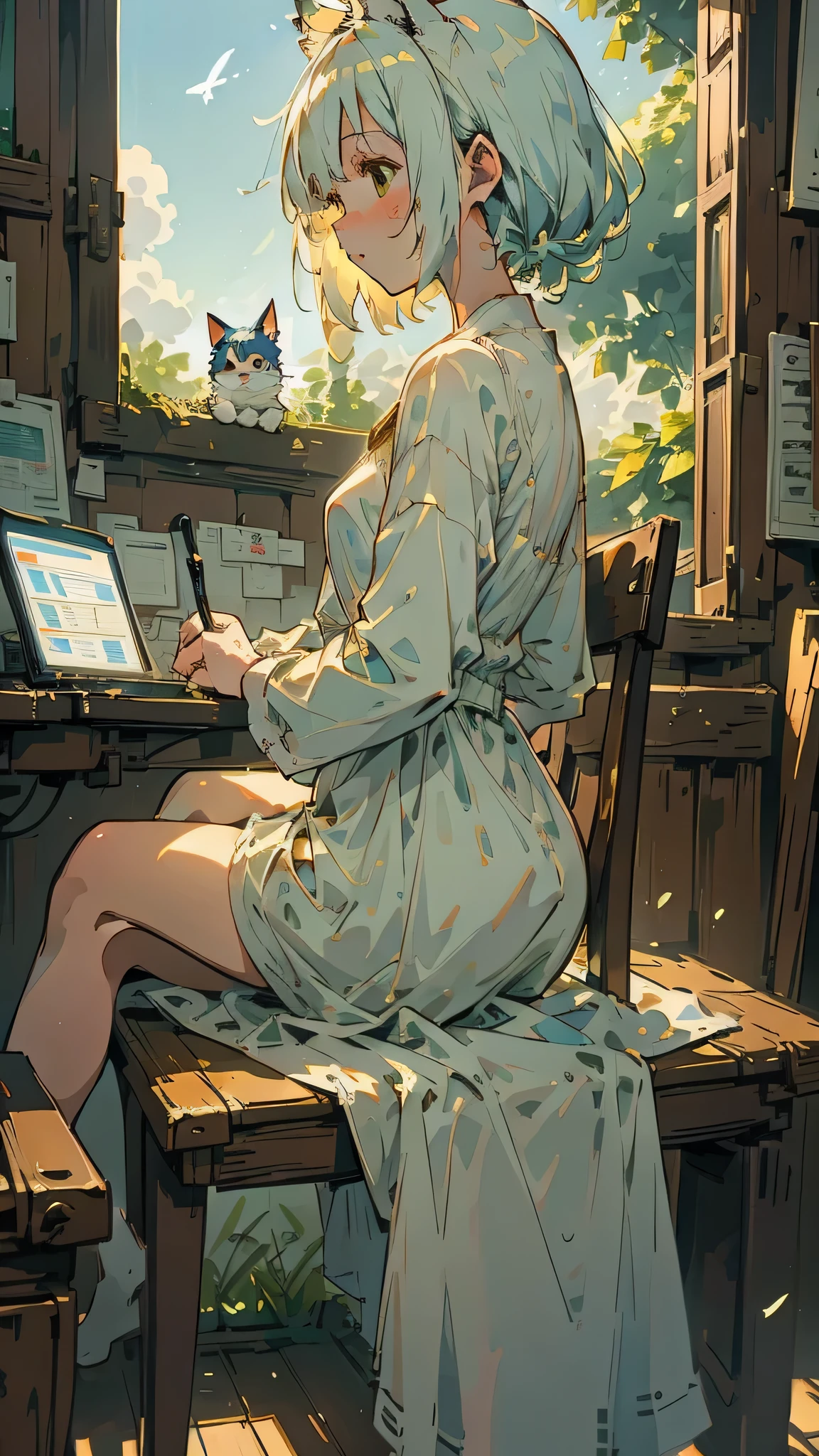 sunlight,physics-based rendering, Masterpiece, 1 girl, Delicate Face Soft, gentle, face profile, Lovely Small Breasts, Hair stuck, no makeup, short blouse, profile, sitting in a chair, typing in notebook, window in the background with minimalist details, cup of coffee on the table, highest quality, soft colors, sunny day, studio ghibli, anime scene, depth of field, perfect and simplified cat anatomy, minimalist scenario focus on the character,