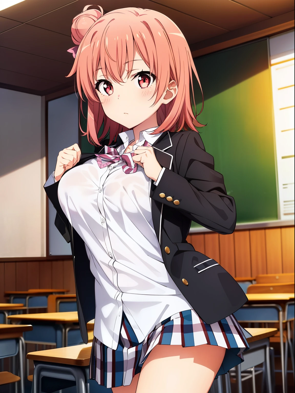 ((pieces fly, highest quality, High resolution, ticker, perfect pixel, written boundary depth, In 4K, )), 1 girl, alone, , beautiful anime girl, beautiful art style,
close up of chest, looking at the viewer,
perfect body,
Yuigahama Yui, single hair bun, short hair, pink hair, large breasts,
No expression, (pupils are open),
Sobu High School Uniform, white shirt, black jacket, skirt,
In the classroom, standing,
hypnotized,
hands lift skirt, pink striped underwear,
