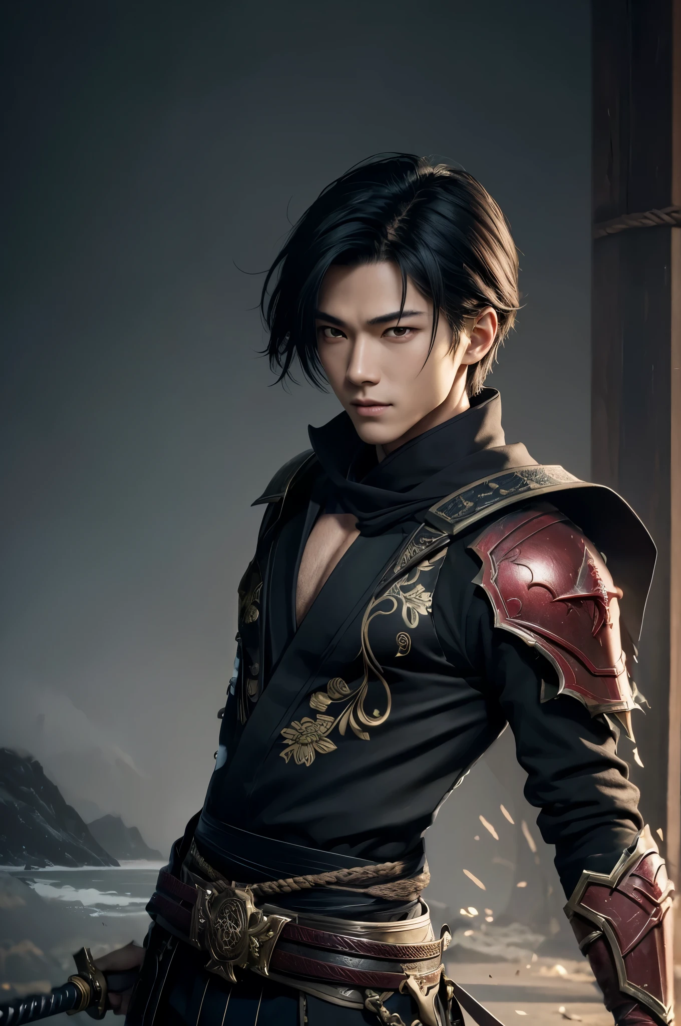8k、alone、16 year old androgynous boy,Super handsome boy(like the real thing),black eyes,Super beautiful teenager,black short bob hair,black samurai armor,black pants(demon emblem),golden decoration,long and large Japanese sword,demon slayer androgynous boy,Remains,amazing work of art、wind effect:1.9、cloud effect:1.2、full rendering、Caustic soda coating、unreal engine、1 Japanese sword,An innocent expression,cool androgynous boy,ultra high resolution,super 超realistic skin,Super precise hand details,１Japanese sword and book,smile,battle scene,action scene,action pose,fighting style,Photorealistic RAW photos of the highest quality。Backlight, cinematic lighting, film grain, to be born, 50mm lens, Nikon D850,realistic skin,fantasy art,character art,ultra high resolution,muscular slim body,Muscular thin lower body,Precise facial details,Remains,perfect hands,cool androgynous handsome boy,landscape,Red Gauntlet(demon emblem),Red shoulder armor(demon emblem),large amount of dense red smoke(most),Super realistic smoke,