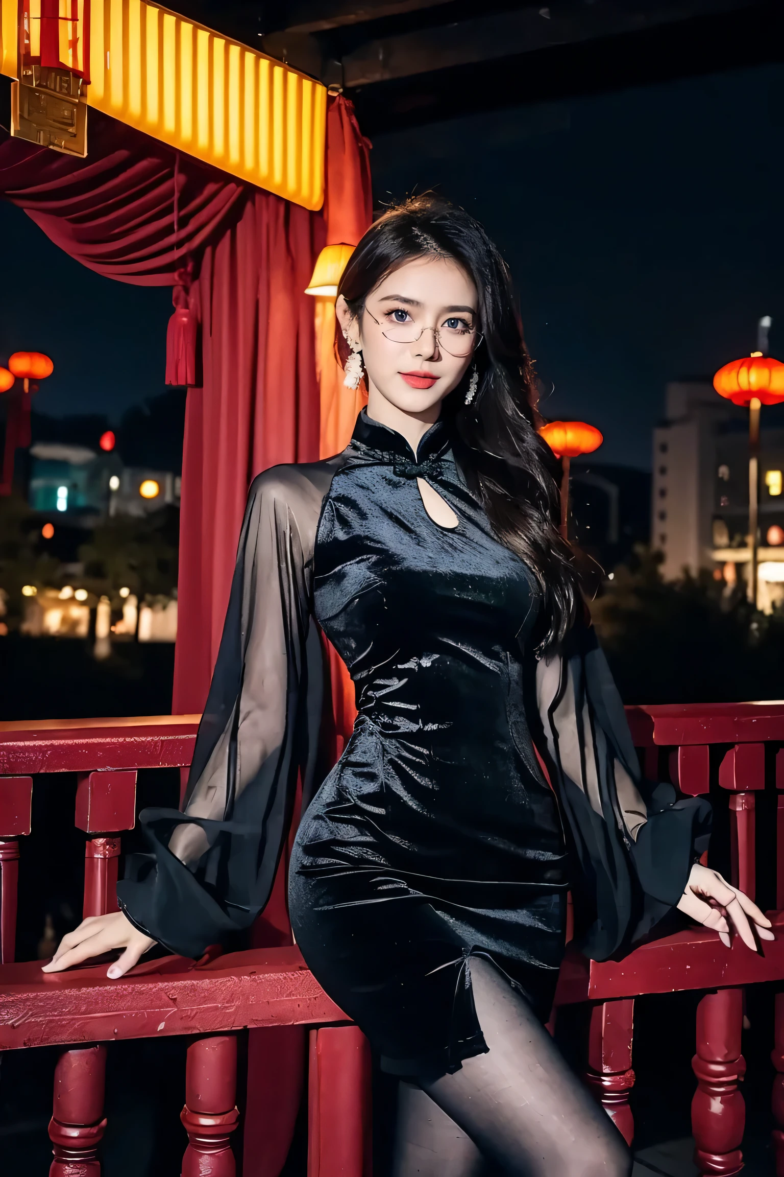 Super detailed,Very detailed,best quality,masterpiece,illustration,actual,photoactual,
WHQP, qipao, alone, 1 girl, 
(green dress:1.2),(green sleeves:1.2), Cross-dressing, 
Chinese clothes, Chinese dress, Transparent sleeves, long sleeves, cleavage cutout, pantyhose, round glasses, side slits, 
long hair, Bangs,
looking at the audience,Cowboy shooting, 
Outdoor activities, City,night,City lights, street, 
 