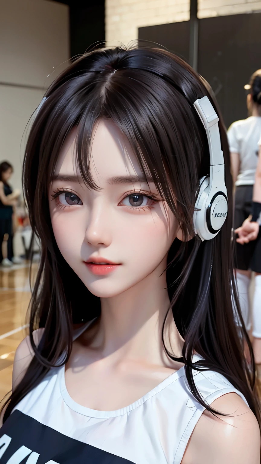 girl in sportswear、Supermodel、perfect shape、Muchimuchi、Three girls are looking at the viewer、 3 girls、、sports girls、beautiful feet、headphone、seen by girls、Innocent face