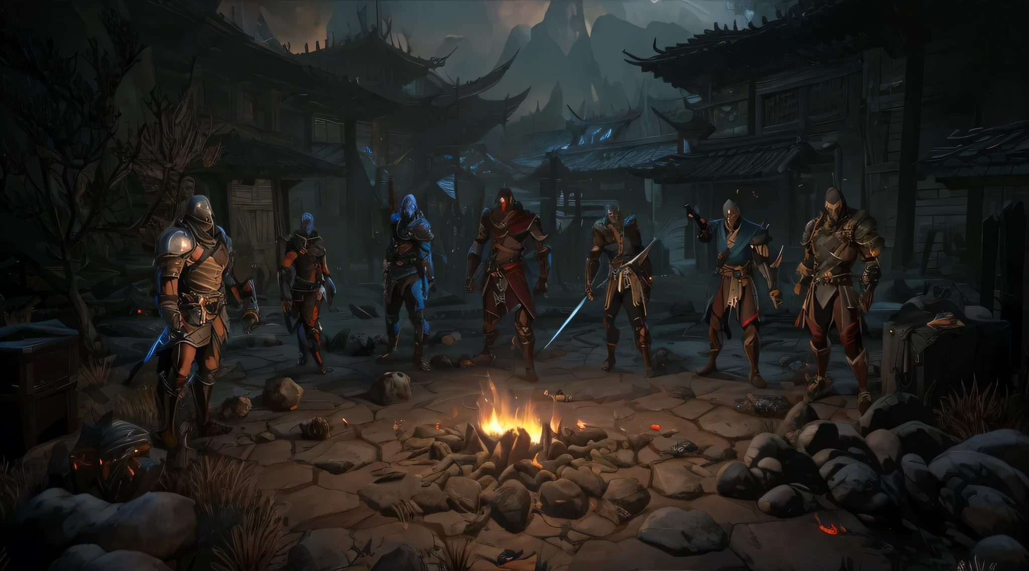 in a dark place，A group of people standing near the fire, from《Plague 2》video games, Diablo 4, video games截图>, adventure , d & D role revealed, game screen, honor game, Heroes of Might and Magic, Elden Ring Cinema Lighting, d&D characters, game video, Elden Ring