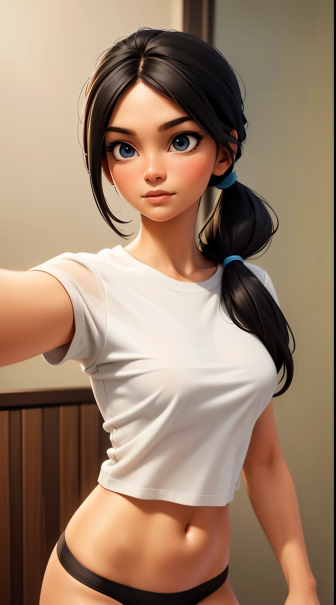 medium hair, pony tail, black hair, blue eyes, wearing a white t shirt, panties, realistic), medium size breasts, beautiful, taking a selfie