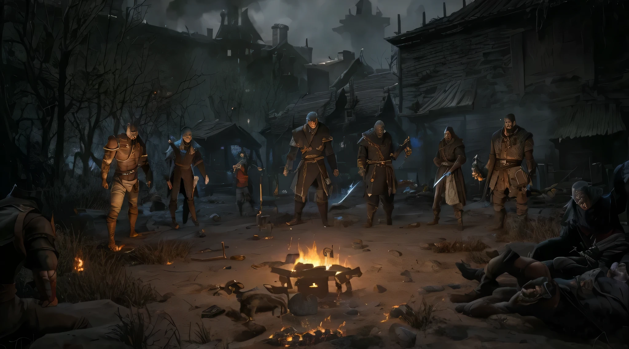 in a dark place,A group of people standing near the fire, from《Plague 2》video games, Diablo 4, video games截图>, adventure , d & D role revealed, game screen, honor game, Heroes of Might and Magic, Elden Ring Cinema Lighting, d&D characters, game video, Elden Ring