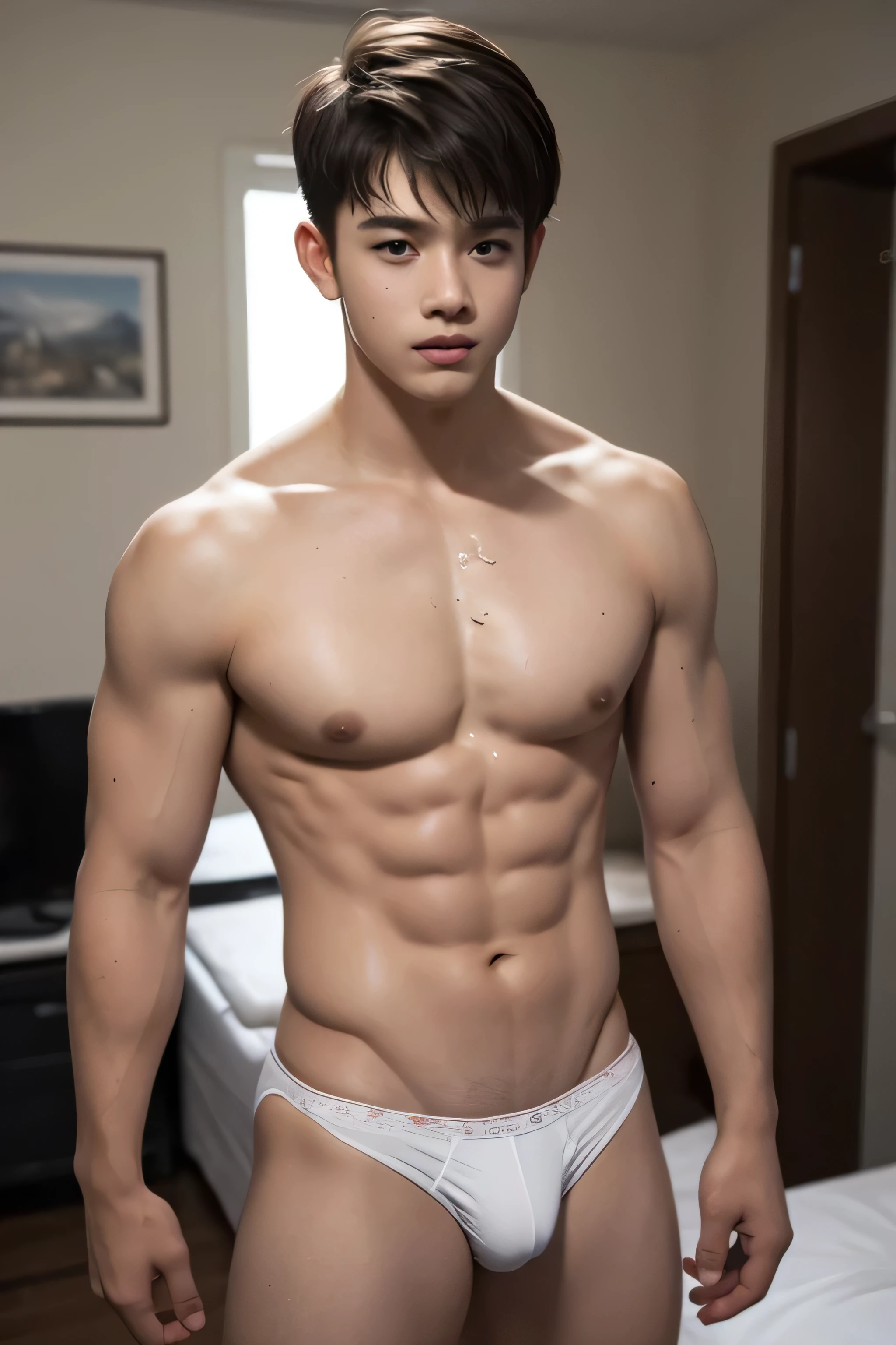 Handsome boy, Nordic face, An boy, Teenage facape, young, Handsome and beautiful in appearance, Refreshing smile, A little juvenile face, lean body, White Skin, Slim muscles, Full nude, Tall, realistic, cinematic, 8K full body portrait, movie, very detailed, Top Quality, Ultra High Resolution, (Realistic:1.4), Masterpiece, Blurred Background ,Muscle, Solo, Standing, Posing, Facial Focus, Sperm all over face, Chest full of sperm, semen all over leg, Masturbate, six pack, Cock Adolescent, white panties, wet panties, sport panties, A charming expression, detailed face details, Bedroom in the background