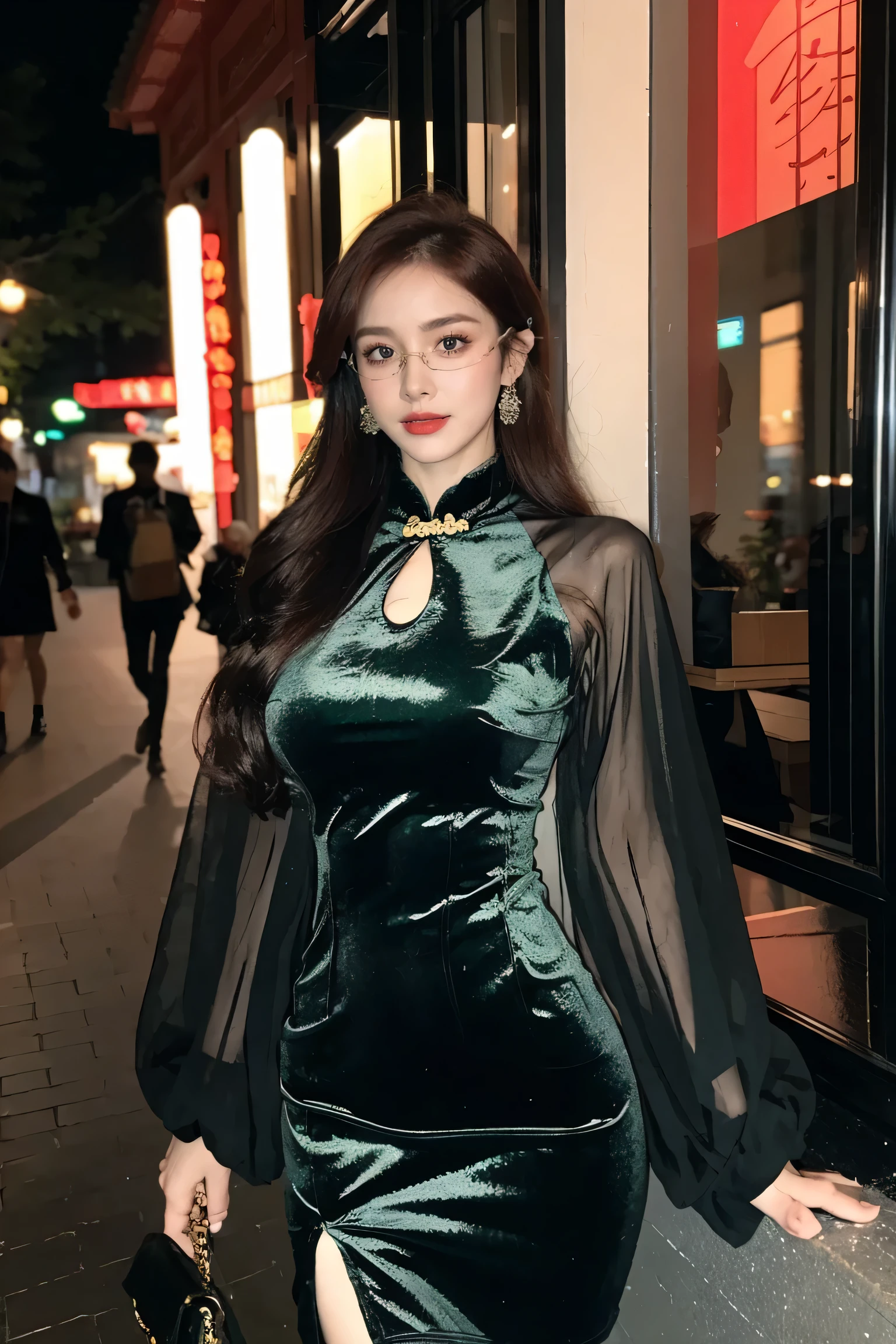 Super detailed,Very detailed,best quality,masterpiece,illustration,actual,photoactual,
WHQP, qipao, alone, 1 girl, 
(green dress:1.2),(green sleeves:1.2), Cross-dressing, 
Chinese clothes, Chinese dress, Transparent sleeves, long sleeves, cleavage cutout, pantyhose, (round glasses:1.2), side slits, 
long hair, Bangs,
looking at the audience,Cowboy shooting, 
Outdoor activities, City,night,City lights, street, 
 