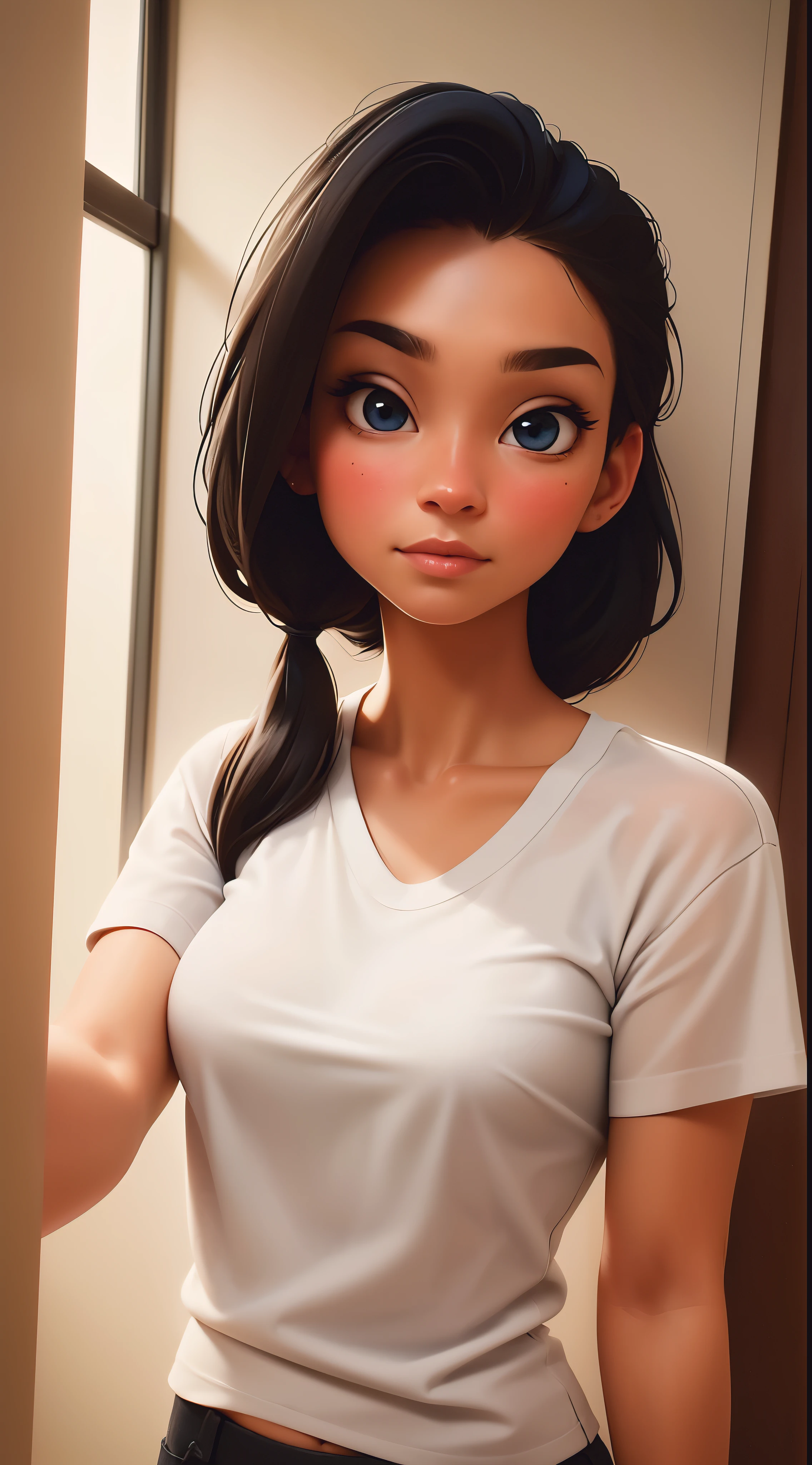 medium hair, pony tail, black hair, blue eyes, wearing a white t shirt, , realistic), medium size breastsiful, taking a selfie