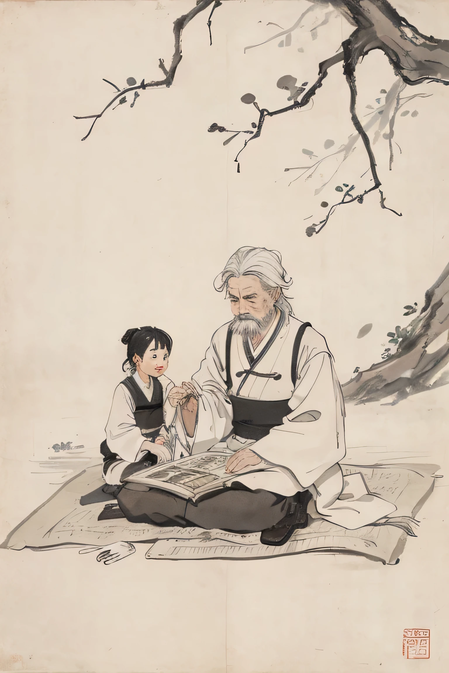 (masterpiece,best quality:1.2),Chinese traditional ink painting,An old man is introducing herbal medicine to his children,sitting under a big tree