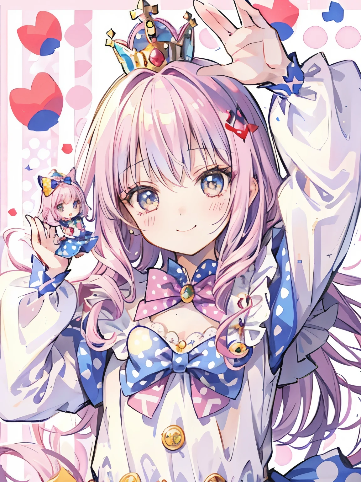 girl,((It's a Small World:1.3)),smile,Princess style from the fairy tale world,alice in wonderland,cheshire cat,close up of face,(polka dot background:1.2),red and white and pink and yellow