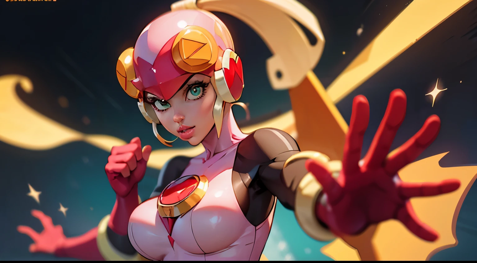 1 supersexy girl wear a (roll.exe) bodysuit, Space War Background, pink Aura Body, pink helmet, yellow antenna on head, (Supernova Power), Light blonde Hair, large ponytail, Red Eye, Perfect Body, Sexy, neon glow, hovering, very detailed, (Fighting stance), mecha musume, detailed eyes, detailed face